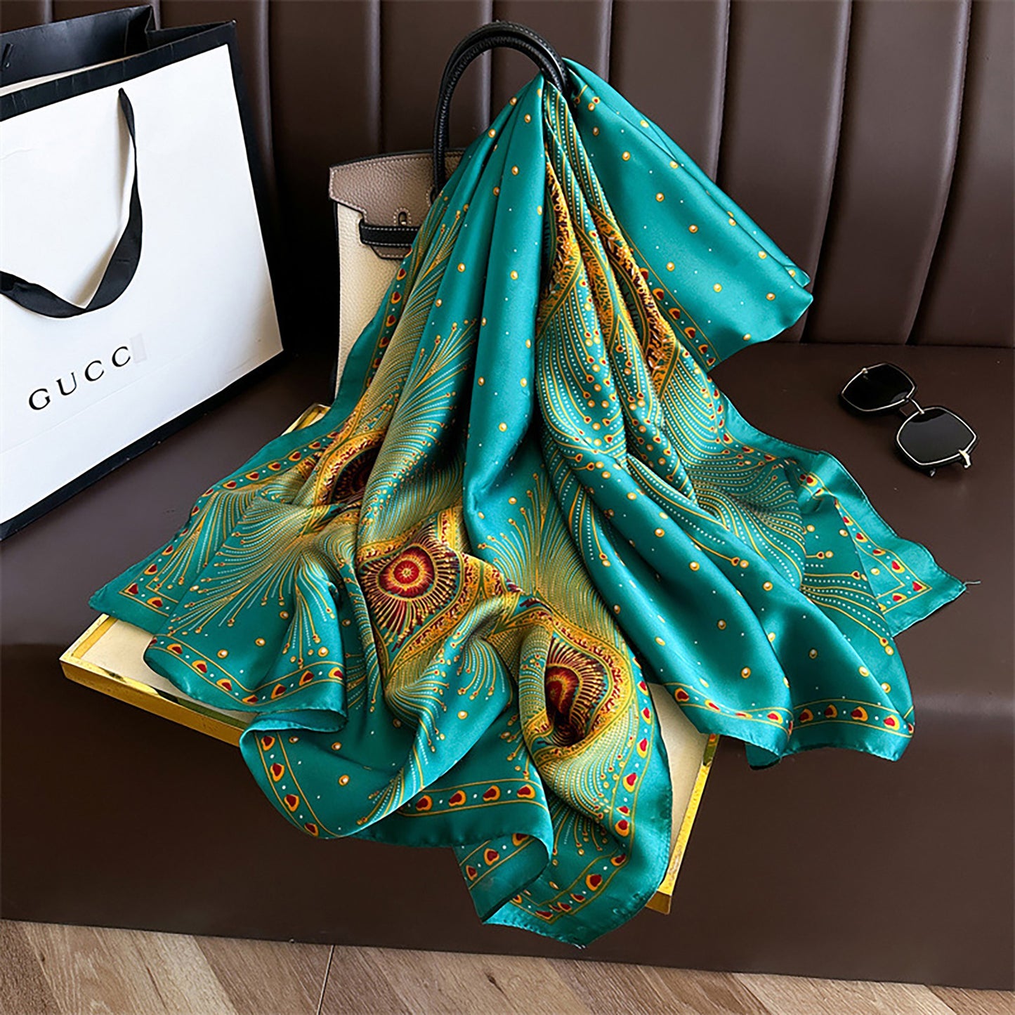 Anna-Kaci Women's Long Satin Scarf with Gold Peacock Feather Print 70.8¡Á31.5 Inches