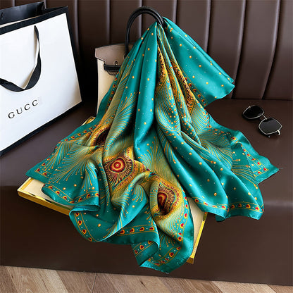 Anna-Kaci Women's Long Satin Scarf with Gold Peacock Feather Print 70.8¡Á31.5 Inches