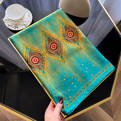 Anna-Kaci Women's Long Satin Scarf with Gold Peacock Feather Print 70.8¡Á31.5 Inches