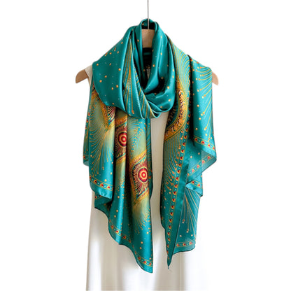 Anna-Kaci Women's Long Satin Scarf with Gold Peacock Feather Print 70.8¡Á31.5 Inches