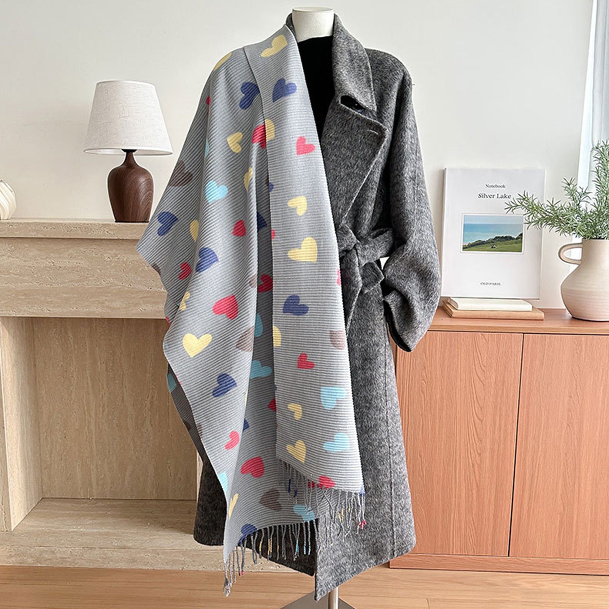 Anna-Kaci Women¡¯s Heart Pattern Soft Knit Scarf with Delicate Fringe Edges and Lightweight Cozy Texture Designed for Gentle Everyday Comfort