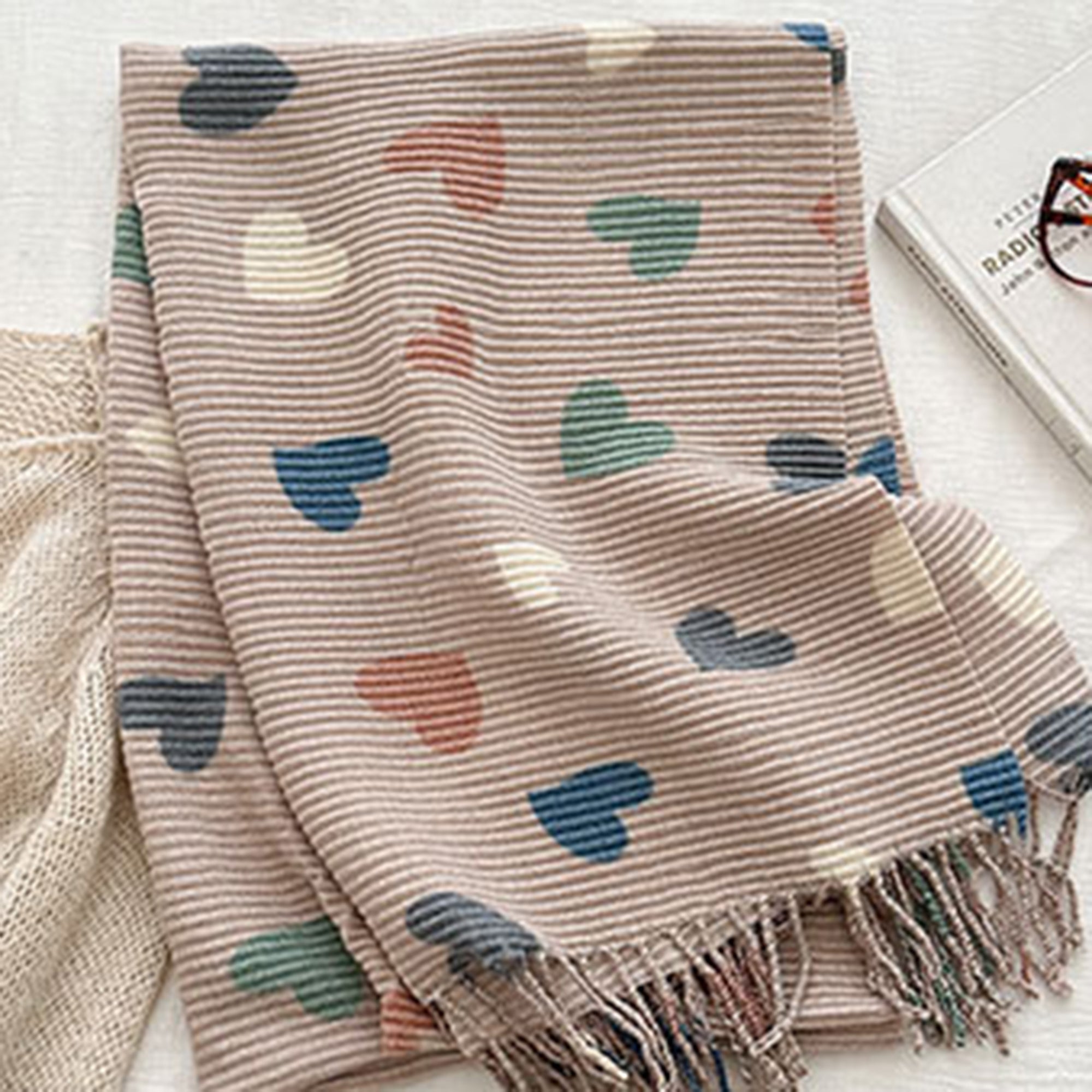 Anna-Kaci Women¡¯s Heart Pattern Soft Knit Scarf with Delicate Fringe Edges and Lightweight Cozy Texture Designed for Gentle Everyday Comfort