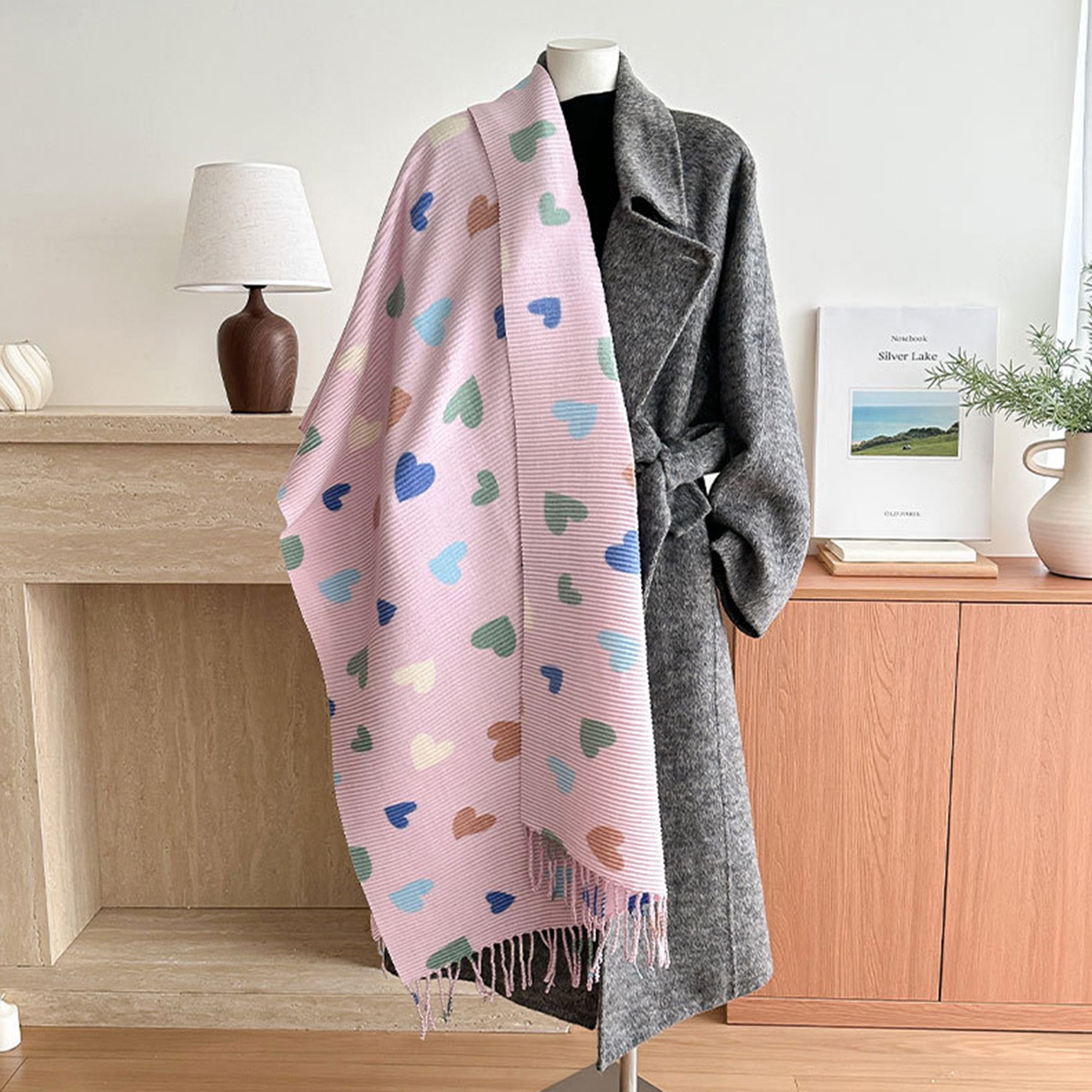 Anna-Kaci Women¡¯s Heart Pattern Soft Knit Scarf with Delicate Fringe Edges and Lightweight Cozy Texture Designed for Gentle Everyday Comfort