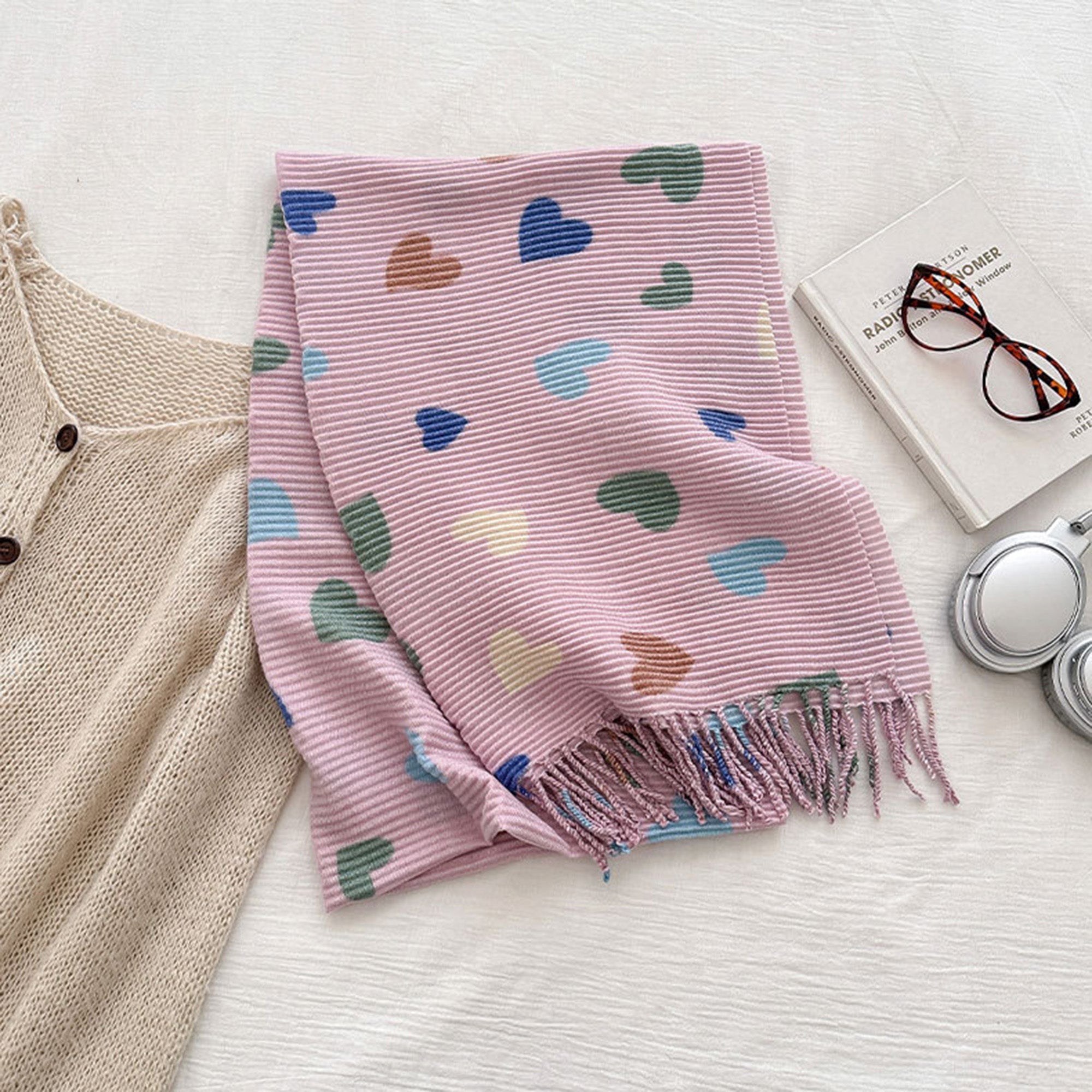 Anna-Kaci Women¡¯s Heart Pattern Soft Knit Scarf with Delicate Fringe Edges and Lightweight Cozy Texture Designed for Gentle Everyday Comfort