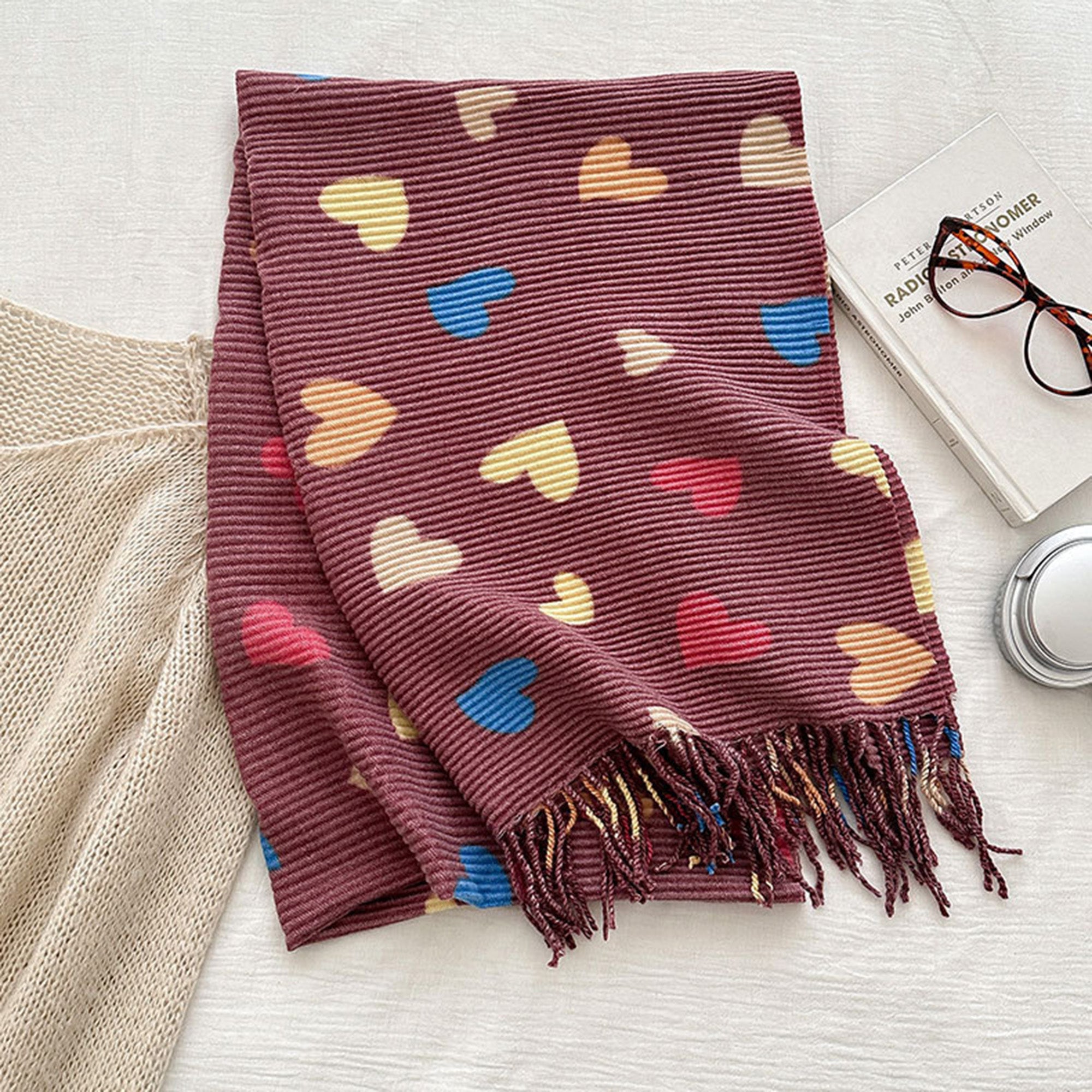 Anna-Kaci Women¡¯s Heart Pattern Soft Knit Scarf with Delicate Fringe Edges and Lightweight Cozy Texture Designed for Gentle Everyday Comfort