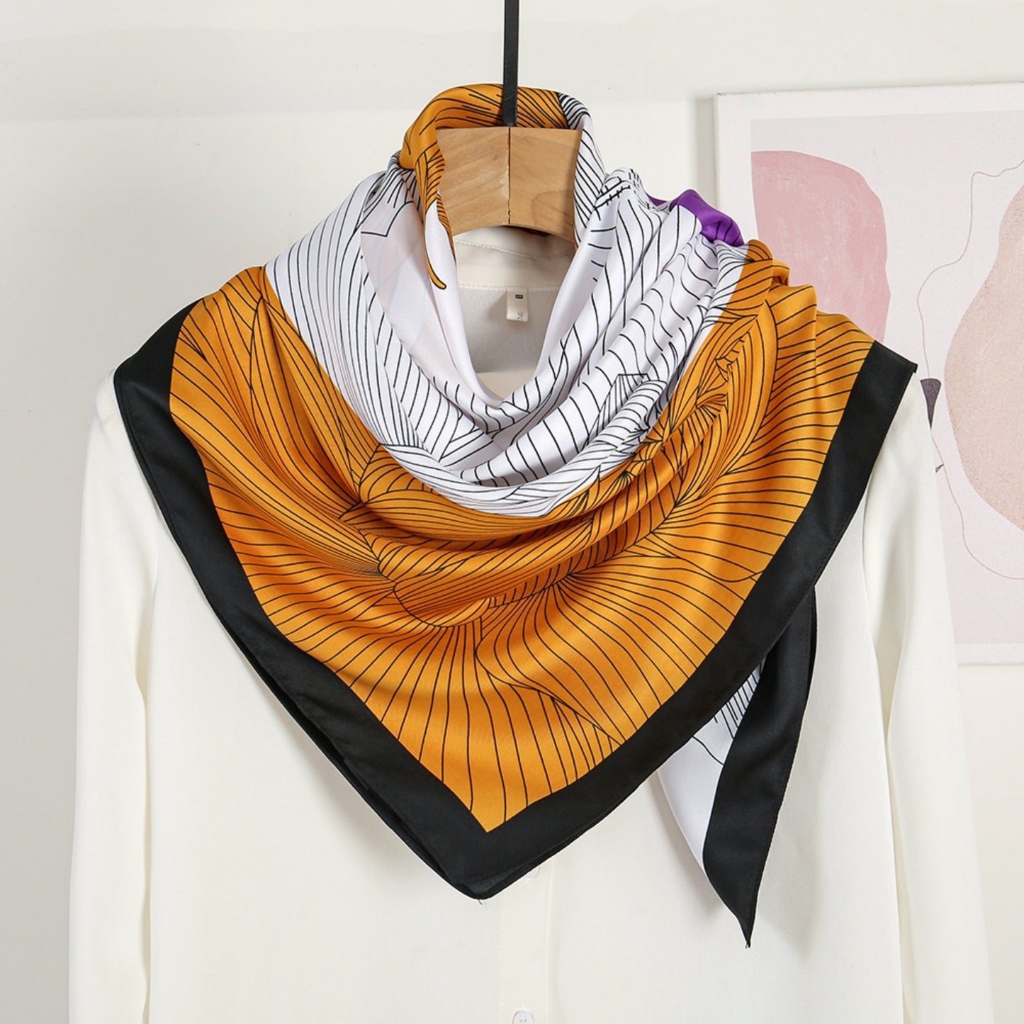 Anna-Kaci Women's Colorblock Floral Satin Square Scarf with Modern Line Art Design 43.5x43.5in