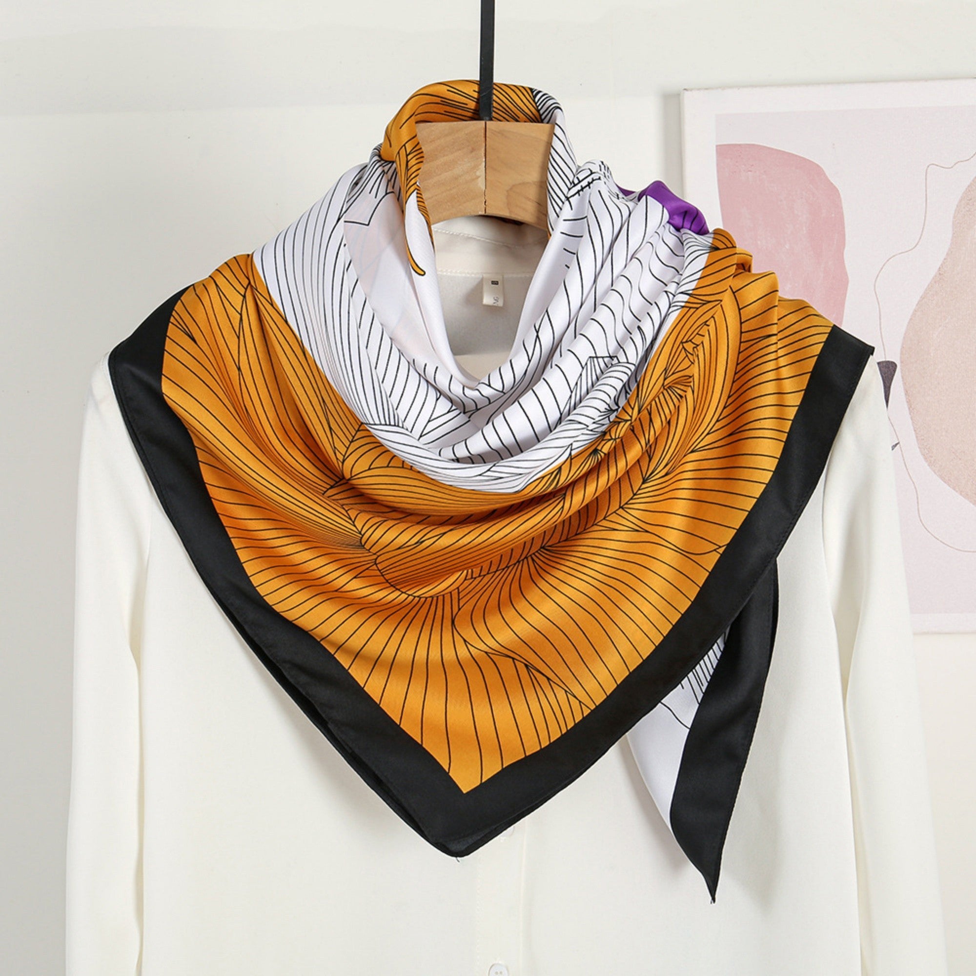 Anna-Kaci Women's Colorblock Floral Satin Square Scarf with Modern Line Art Design 43.5x43.5in