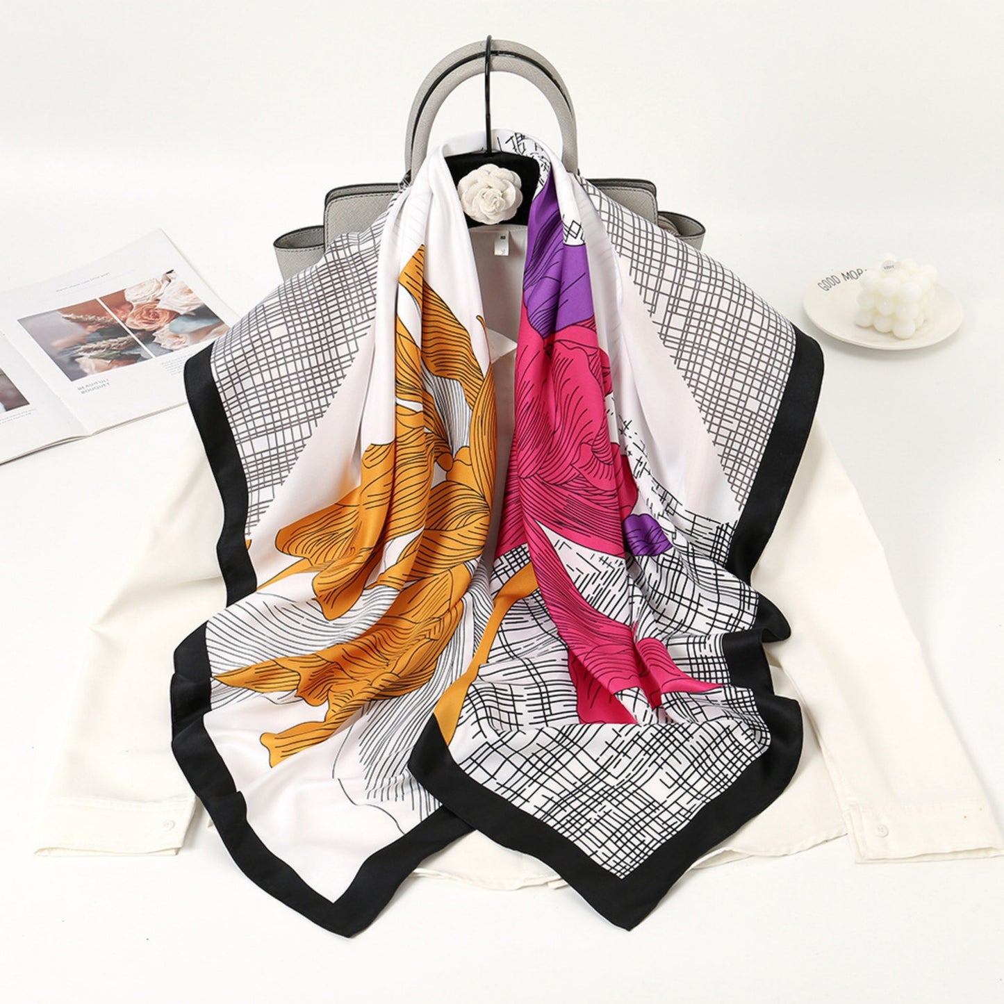 Anna-Kaci Women's Colorblock Floral Satin Square Scarf with Modern Line Art Design 43.5x43.5in