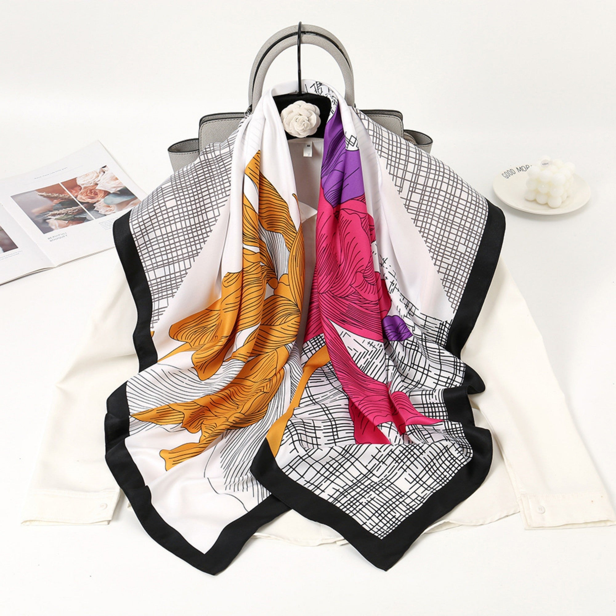 Anna-Kaci Women's Colorblock Floral Satin Square Scarf with Modern Line Art Design 43.5x43.5in