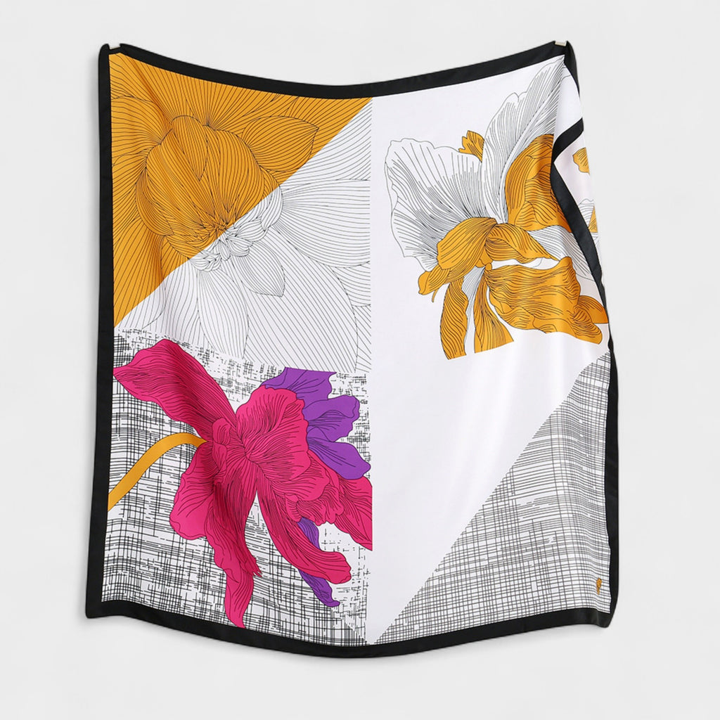Anna-Kaci Women's Colorblock Floral Satin Square Scarf with Modern Line Art Design 43.5x43.5in