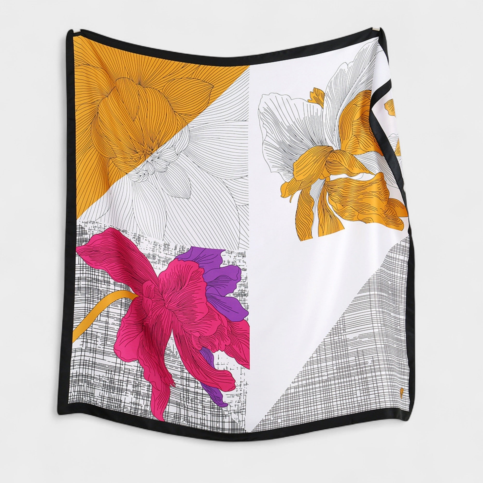 Anna-Kaci Women's Colorblock Floral Satin Square Scarf with Modern Line Art Design 43.5x43.5in