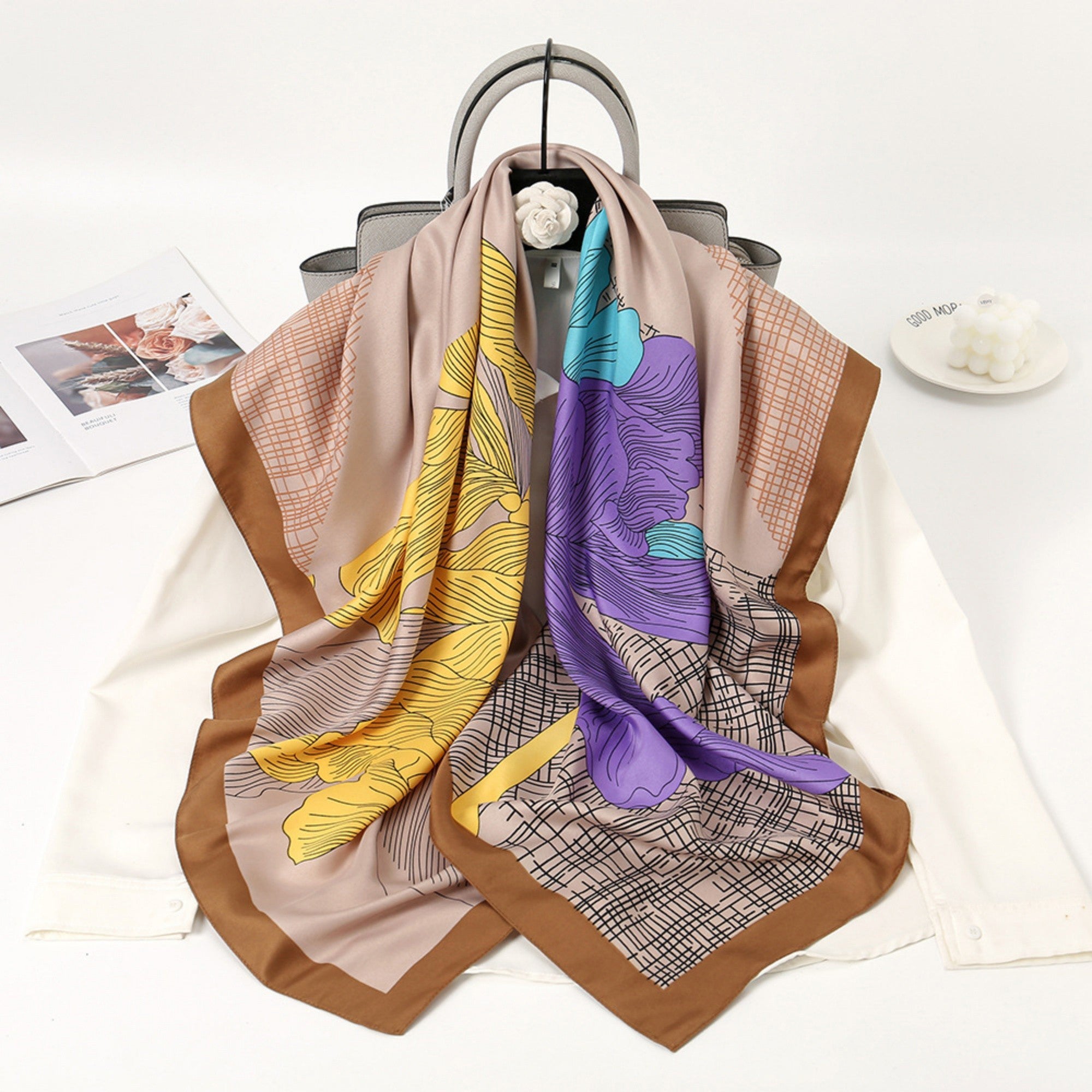 Anna-Kaci Women's Colorblock Floral Satin Square Scarf with Modern Line Art Design 43.5x43.5in