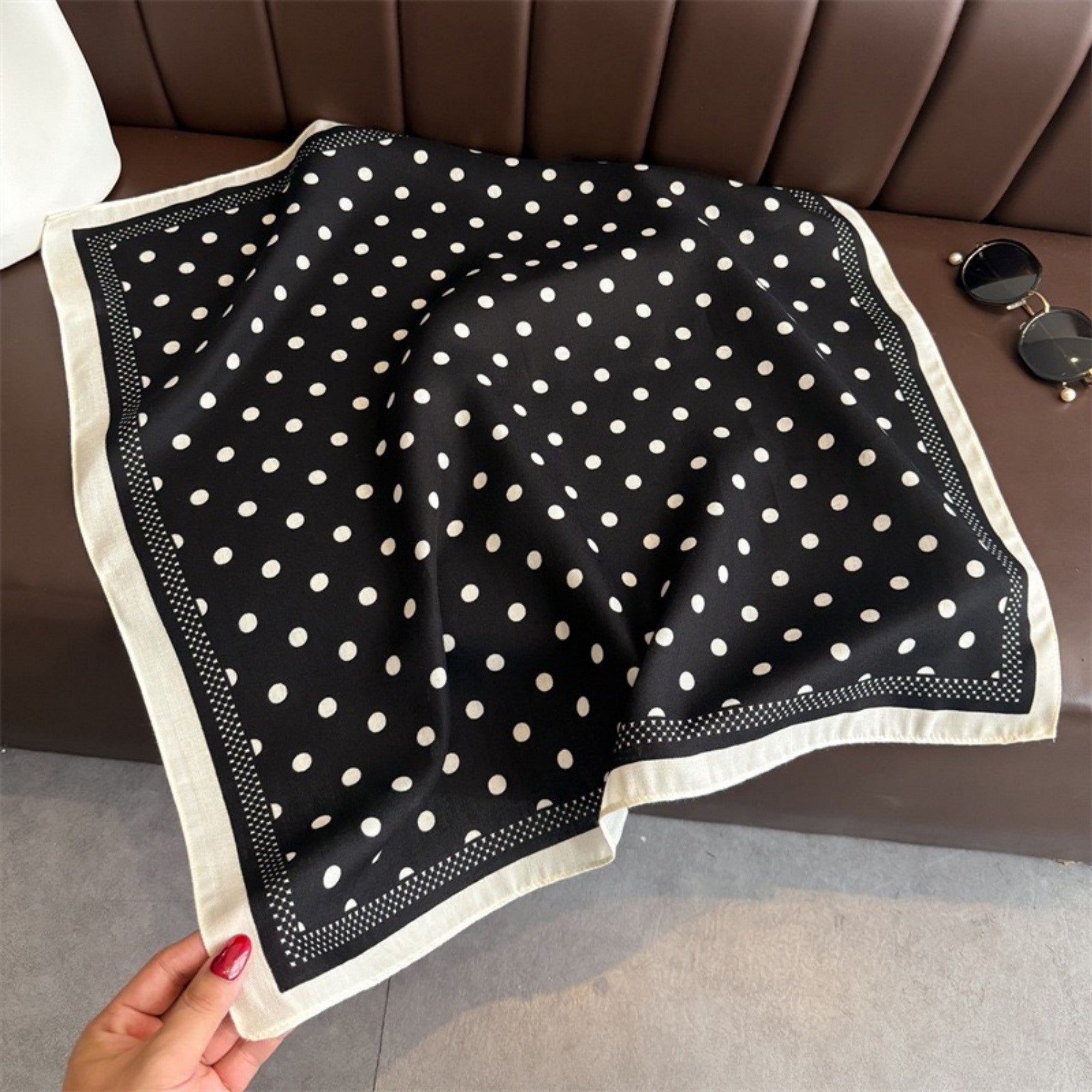 Anna-Kaci Women's Polka Dot Satin Square Scarf with Contrasting Border Trim 27x27in