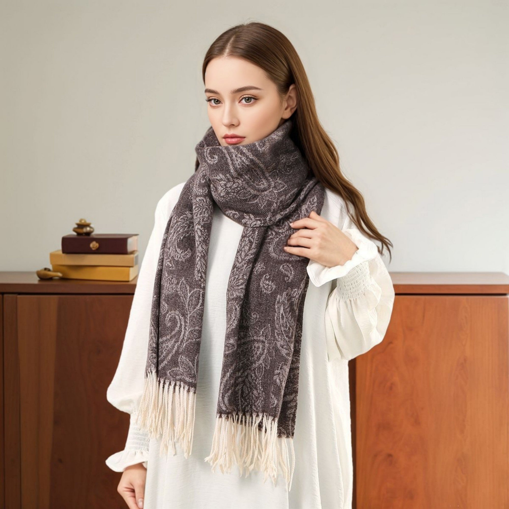 Anna-Kaci Women's Paisley Jacquard Knit Scarf with Soft Fringe Ends 73x27.5in