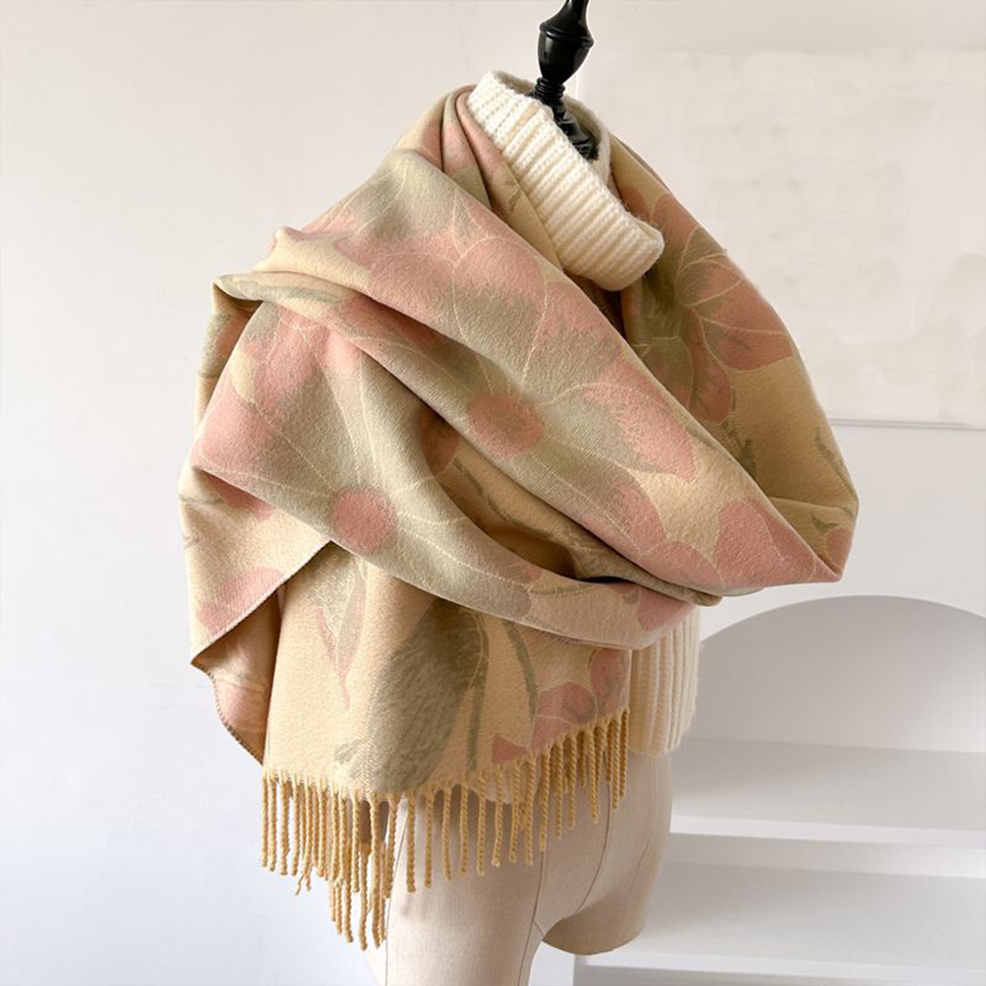 Anna-Kaci Floral Pattern Soft Jacquard Scarf with Twisted Fringe Trim 78.5¡Á25.5 Inches