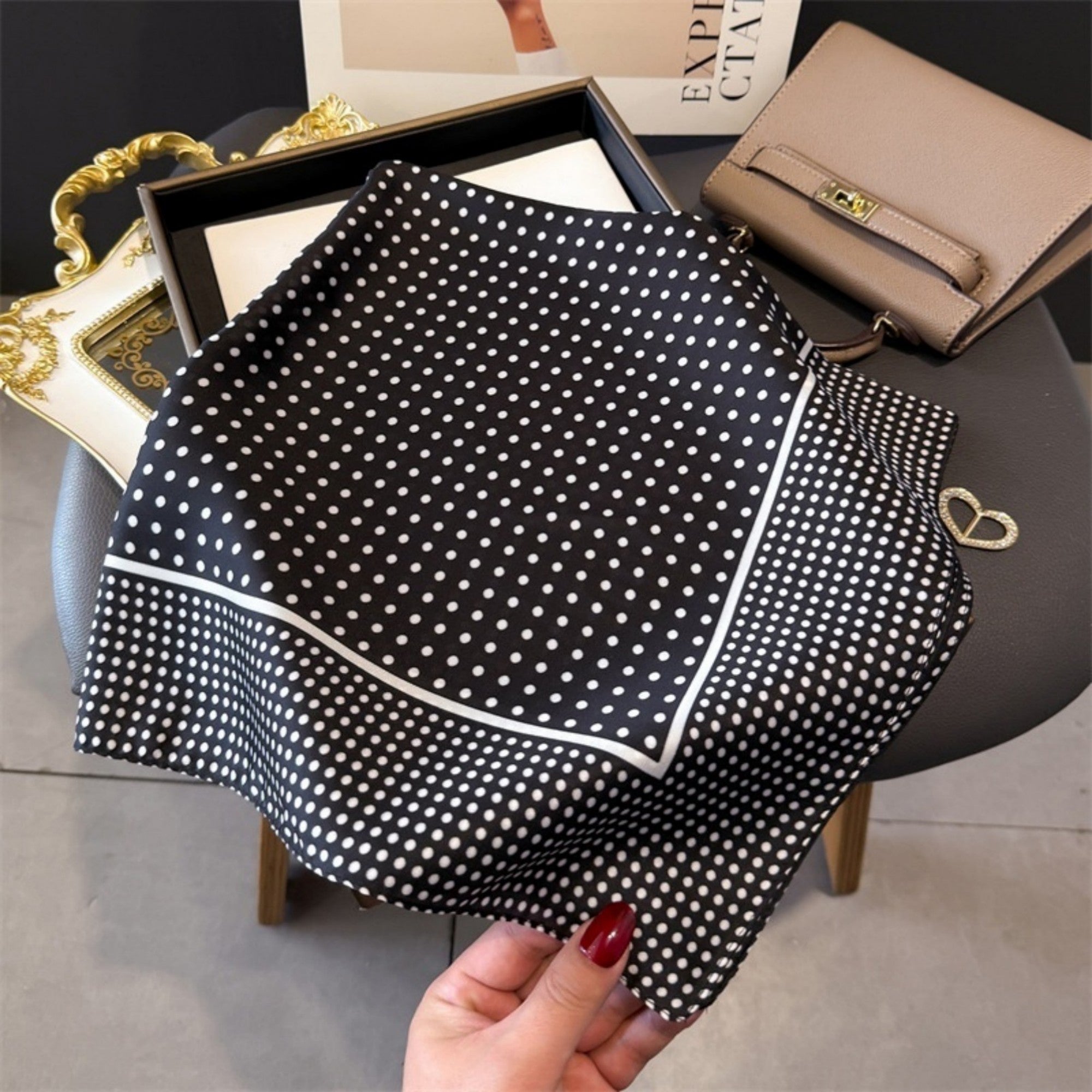 Anna-Kaci Women's Polka Dot Satin Square Scarf with Framed Border Detail and Smooth Lightweight Finish 27.5x27.5in