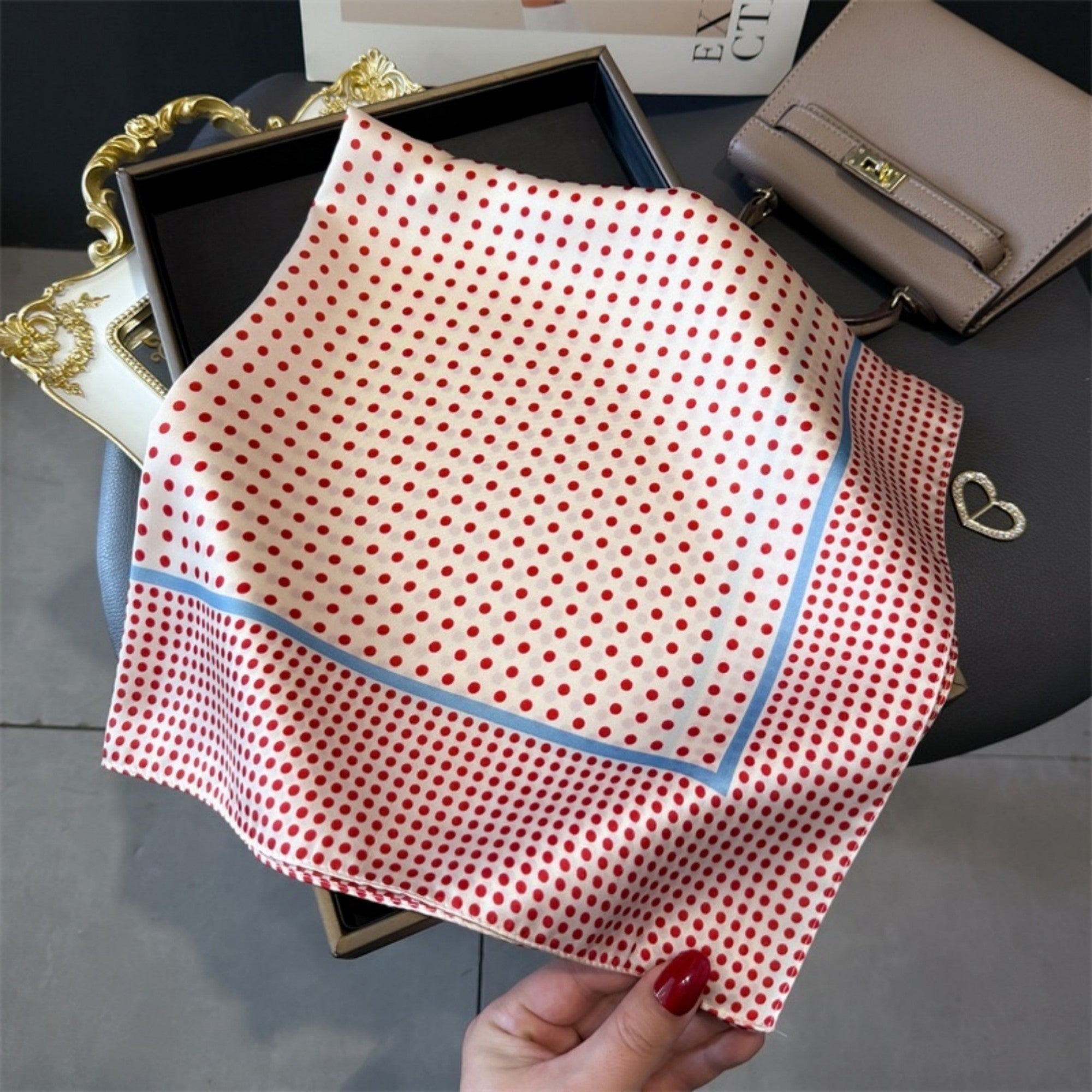 Anna-Kaci Women's Polka Dot Satin Square Scarf with Framed Border Detail and Smooth Lightweight Finish 27.5x27.5in