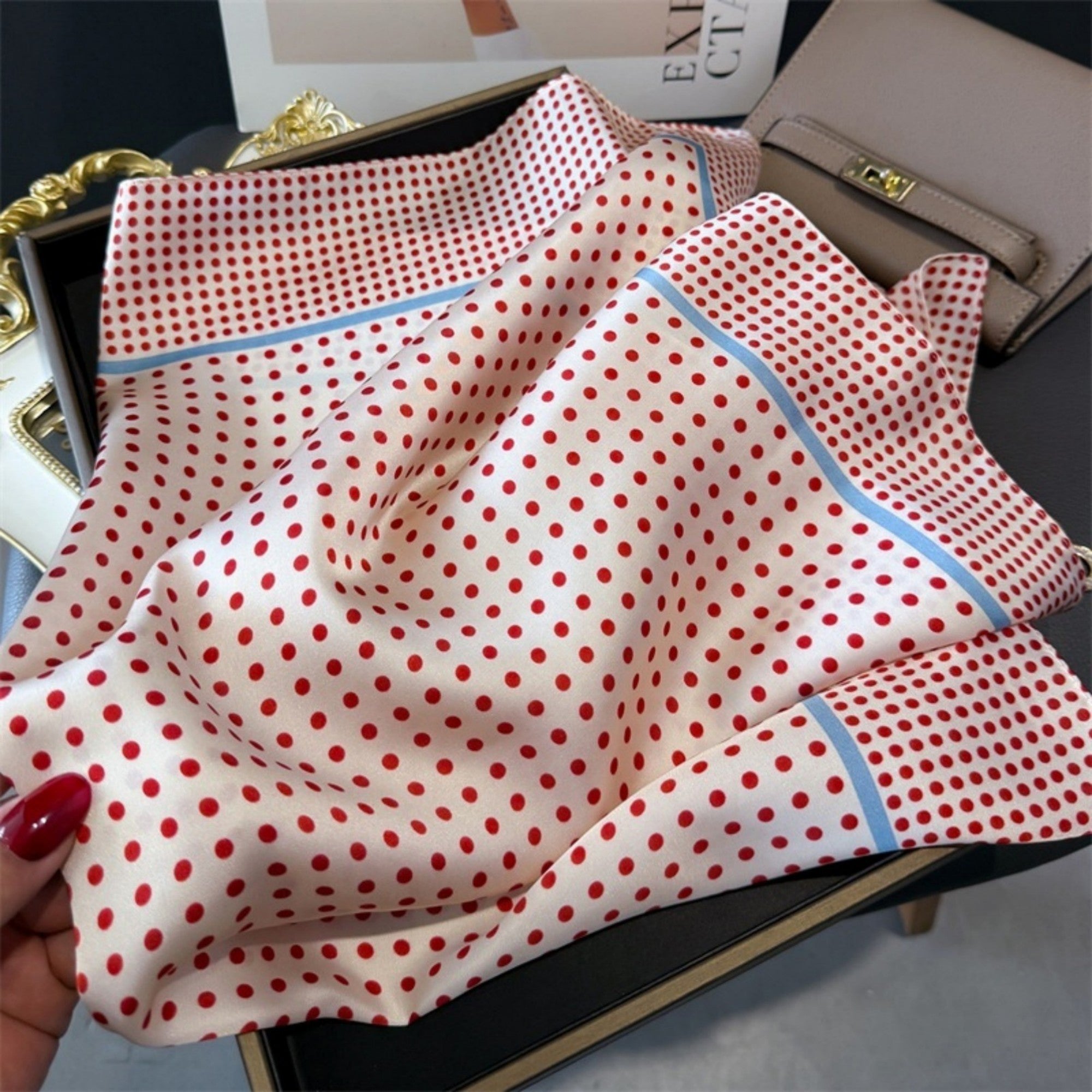 Anna-Kaci Women's Polka Dot Satin Square Scarf with Framed Border Detail and Smooth Lightweight Finish 27.5x27.5in
