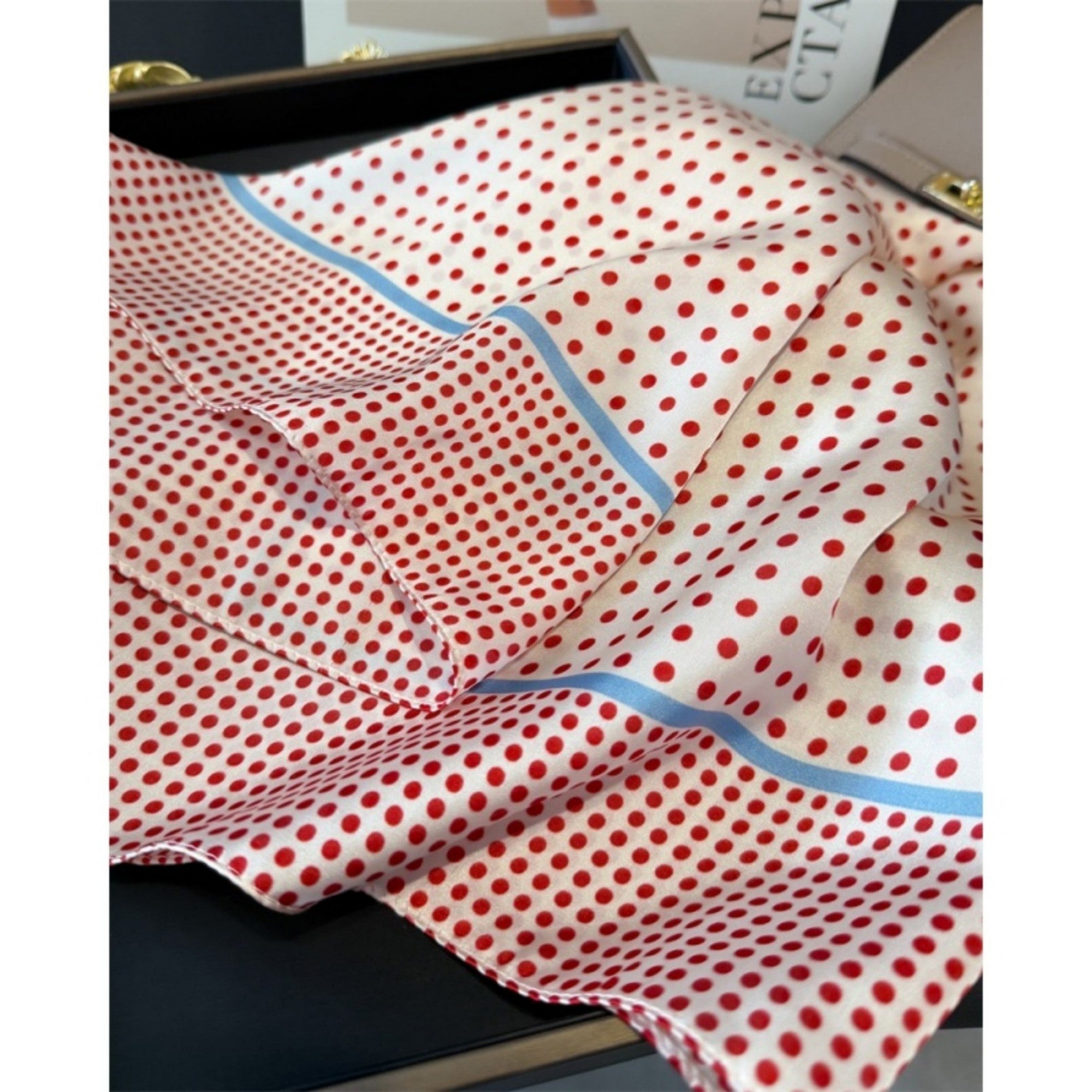 Anna-Kaci Women's Polka Dot Satin Square Scarf with Framed Border Detail and Smooth Lightweight Finish 27.5x27.5in