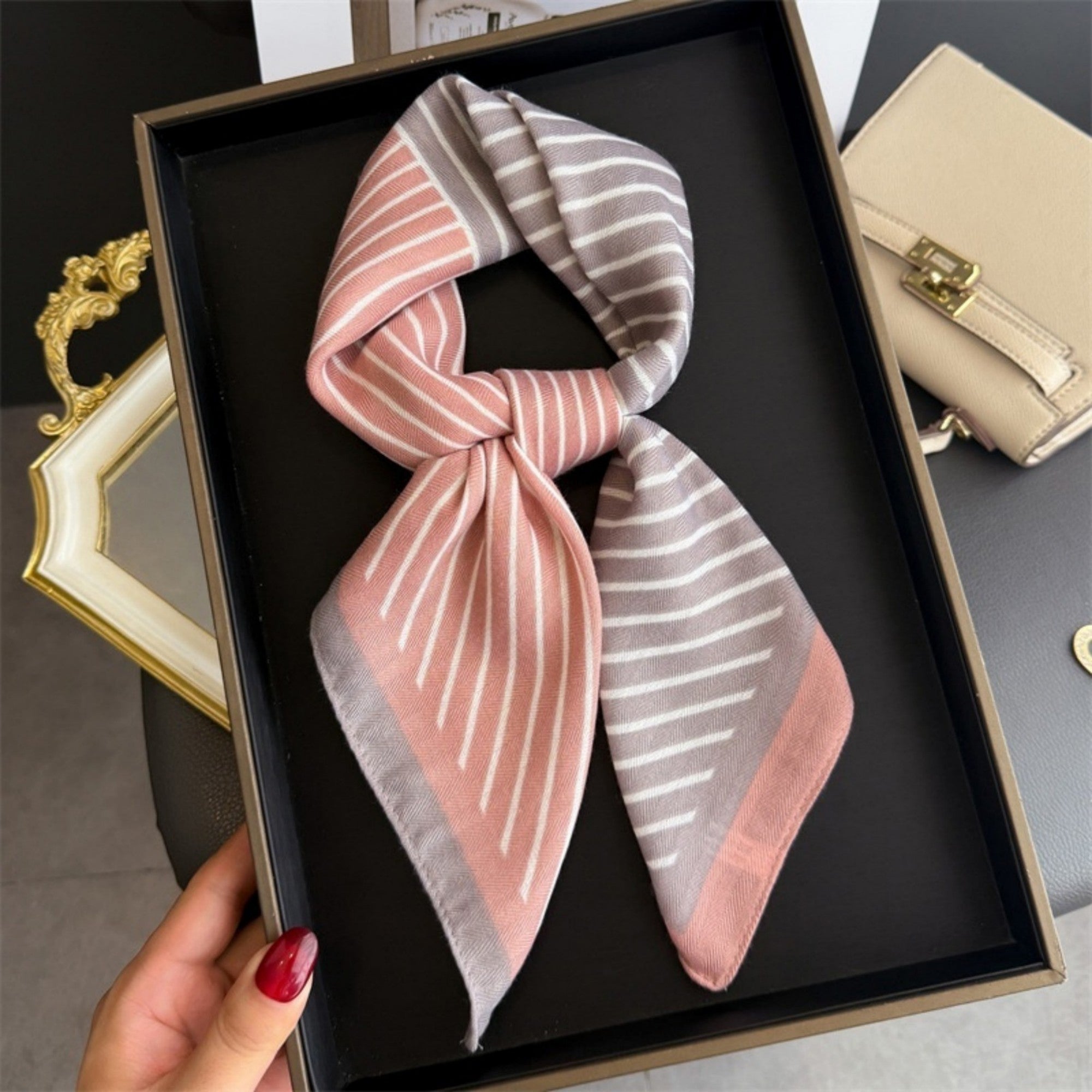 Anna-Kaci Women's Striped Satin Square Scarf with Two-Panel Design and Smooth Lightweight Finish 26.7x26.7in