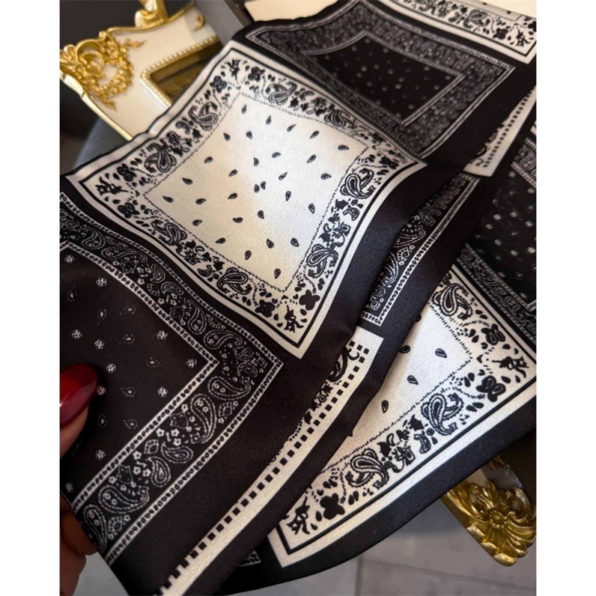Anna-Kaci Women's Paisley Print Satin Long Scarf with Patchwork Panel Design and Smooth Finish 57x4.7in