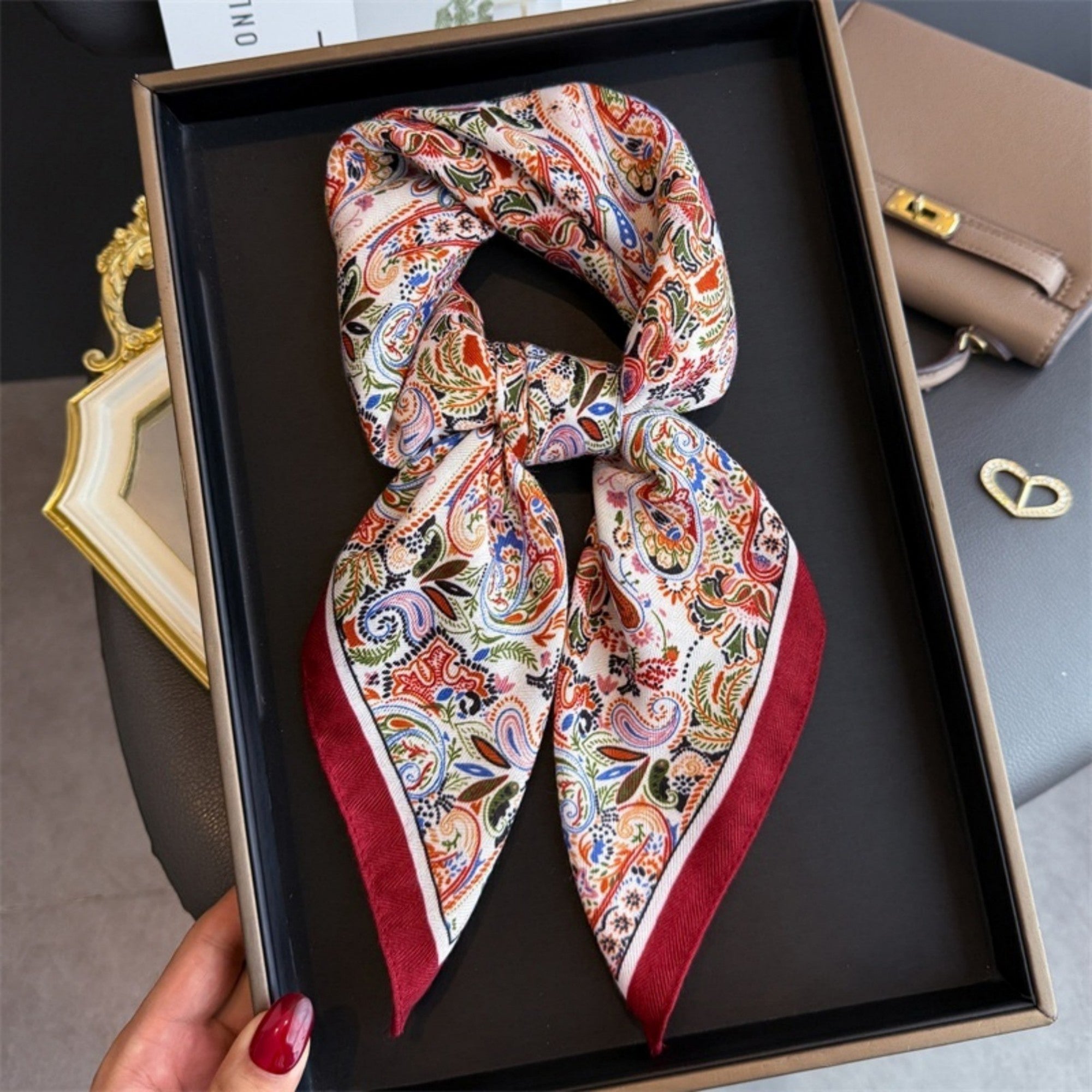 Anna-Kaci Women's Paisley Print Satin Square Scarf with Smooth Finish and Neatly Rolled Edges 26.7x26.7in