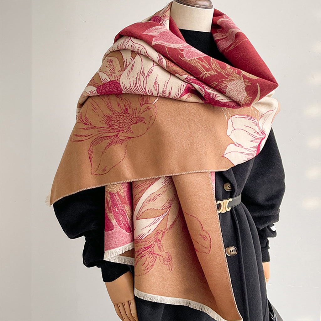 Anna-Kaci Womens Reversible Jacquard Knit Warm Scarf with Floral Pattern