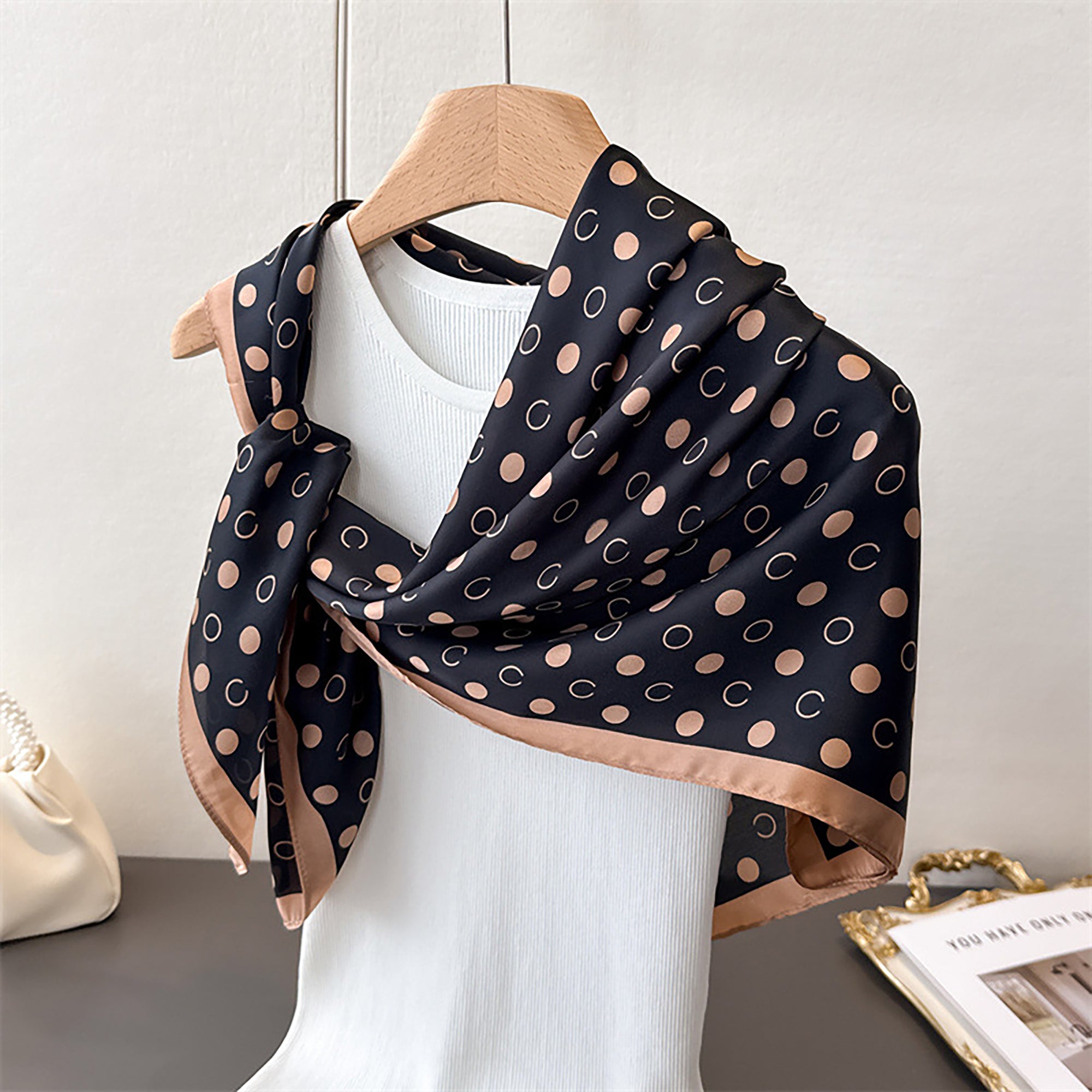 Anna-Kaci Satin Polka Dot Square Scarf with Contrast Border 35.4¡Á35.4inches