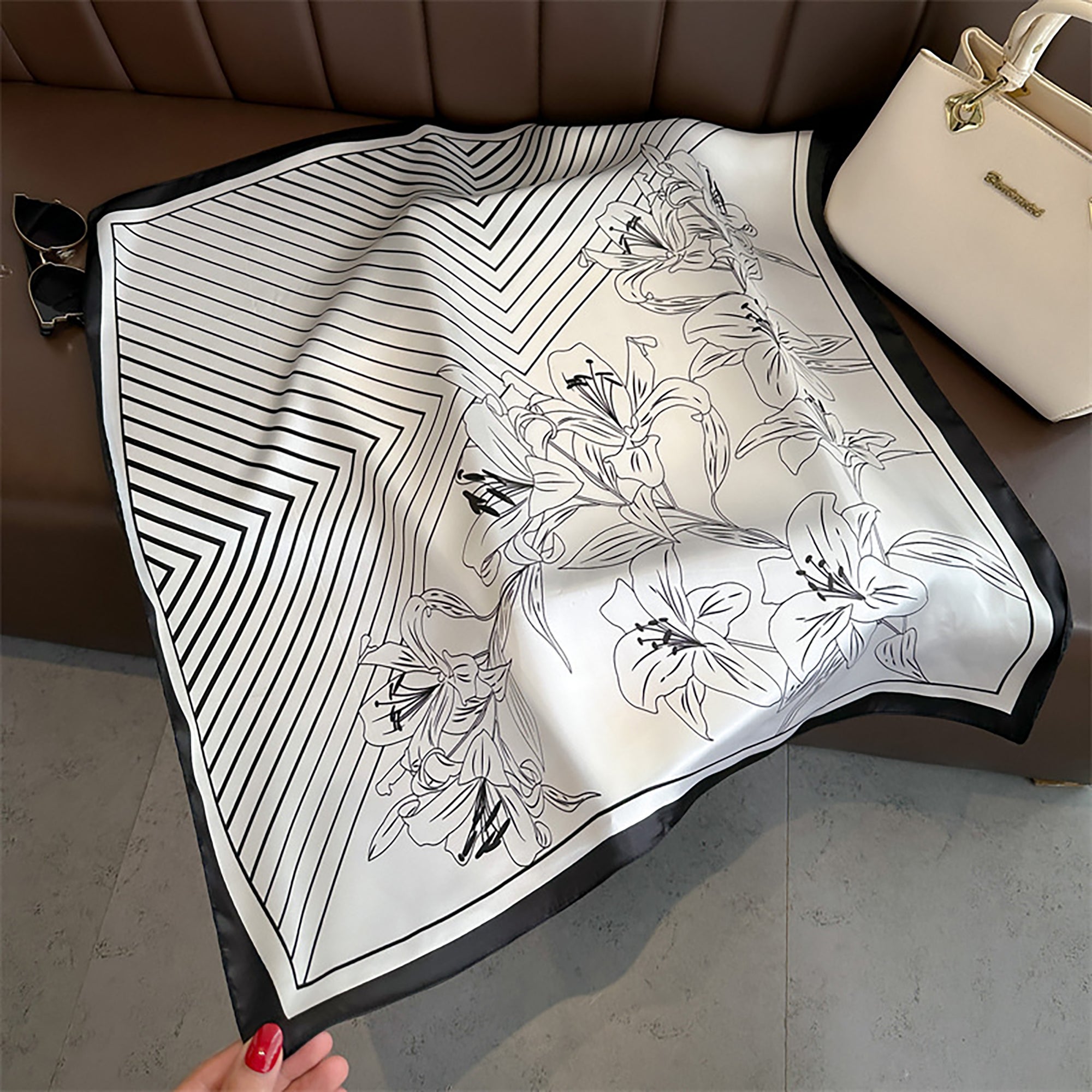 Anna-Kaci Womens Satin Square Scarf with Modern Floral Line Art 27.5¡Á27.5inches