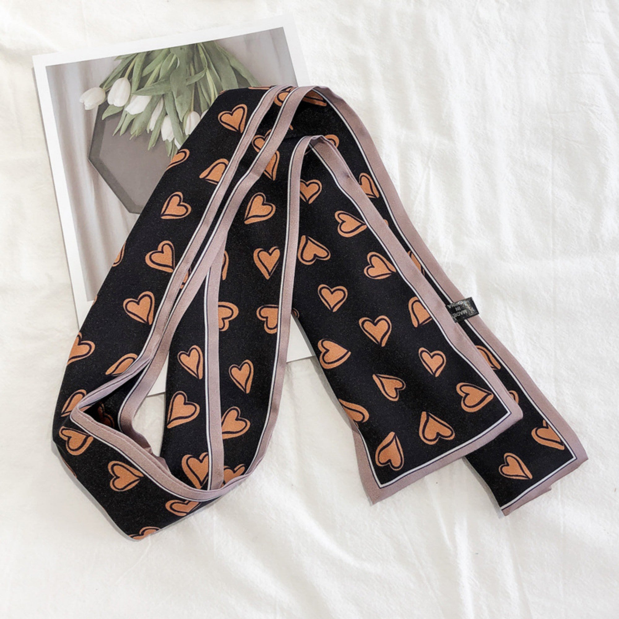 Anna-Kaci Women's 5 Pack Heart Print Satin Scarf Ribbon Slim Lightweight Fabric Neck Hair Bag Accessory 35.5x2.5in
