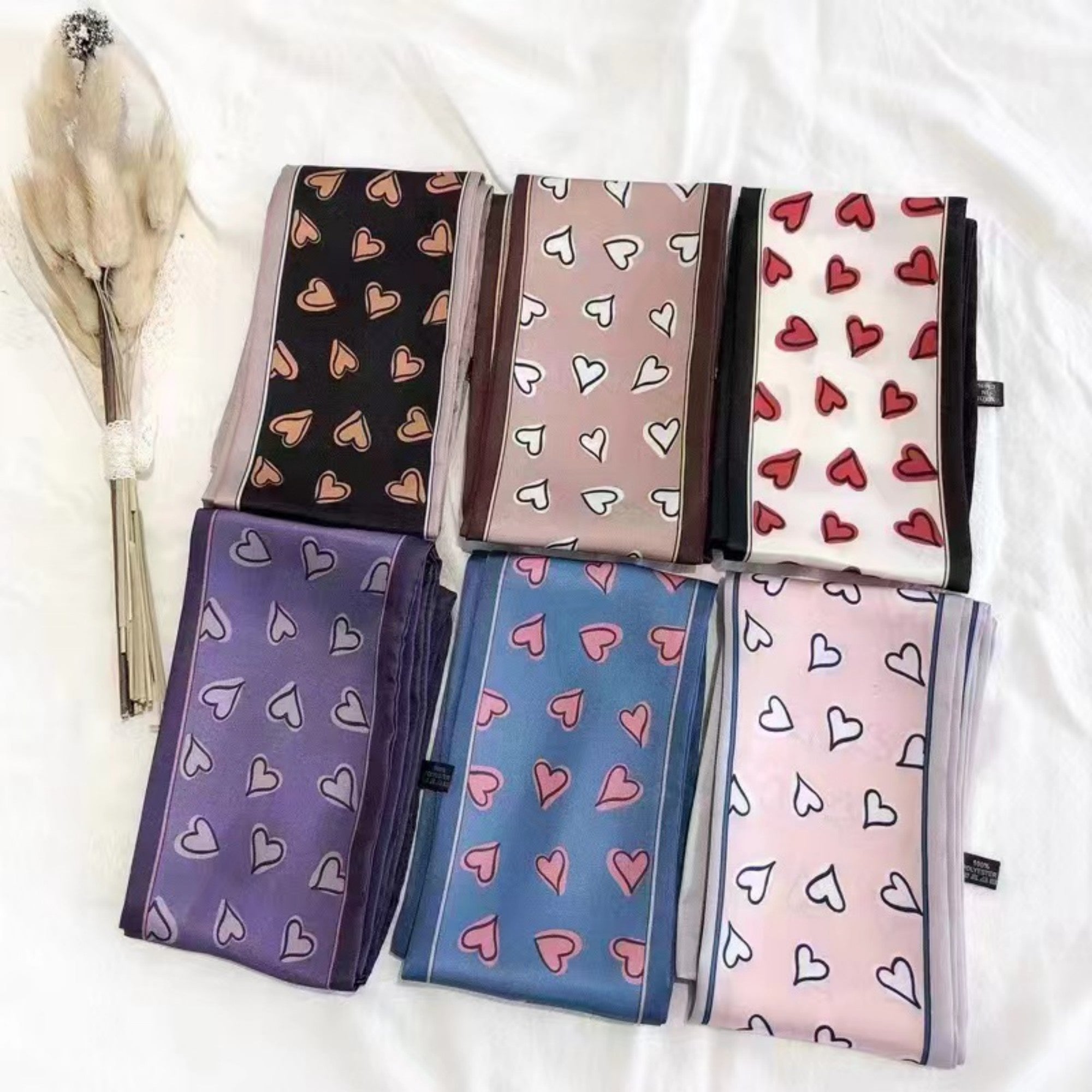 Anna-Kaci Women's 5 Pack Heart Print Satin Scarf Ribbon Slim Lightweight Fabric Neck Hair Bag Accessory 35.5x2.5in