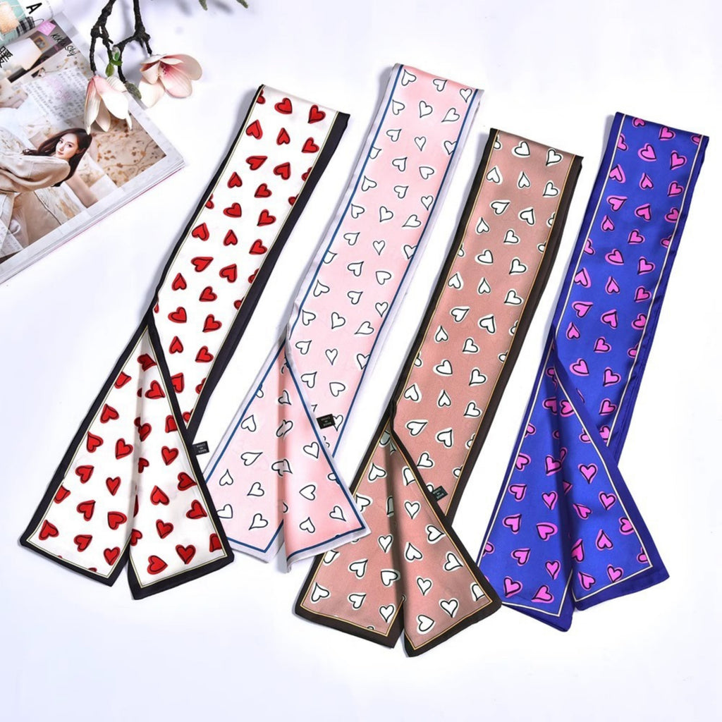 Anna-Kaci Women's 5 Pack Heart Print Satin Scarf Ribbon Slim Lightweight Fabric Neck Hair Bag Accessory 35.5x2.5in