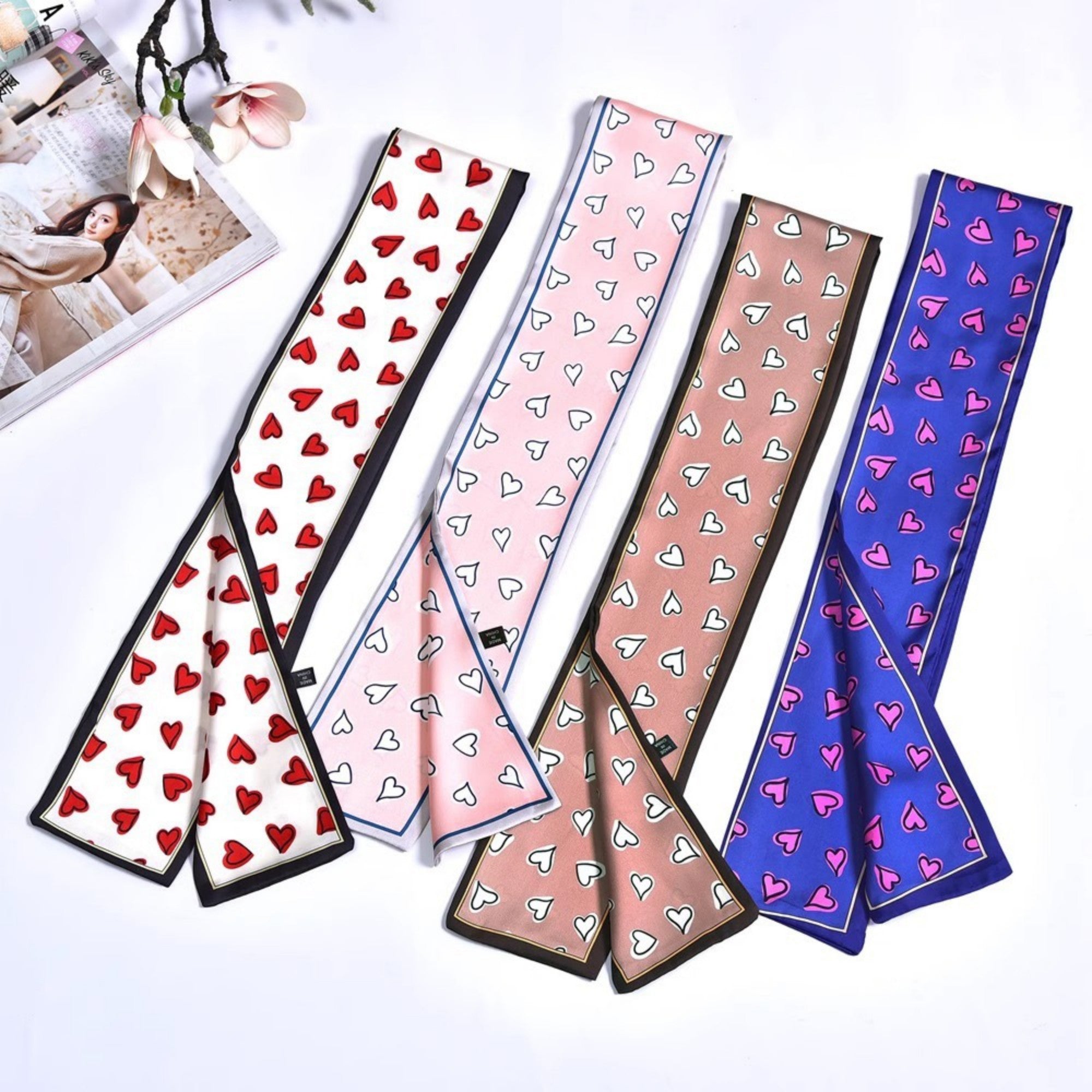 Anna-Kaci Women's 5 Pack Heart Print Satin Scarf Ribbon Slim Lightweight Fabric Neck Hair Bag Accessory 35.5x2.5in