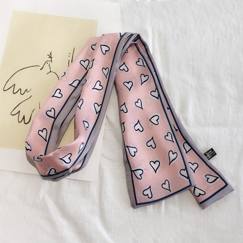 Anna-Kaci Women's 5 Pack Heart Print Satin Scarf Ribbon Slim Lightweight Fabric Neck Hair Bag Accessory 35.5x2.5in