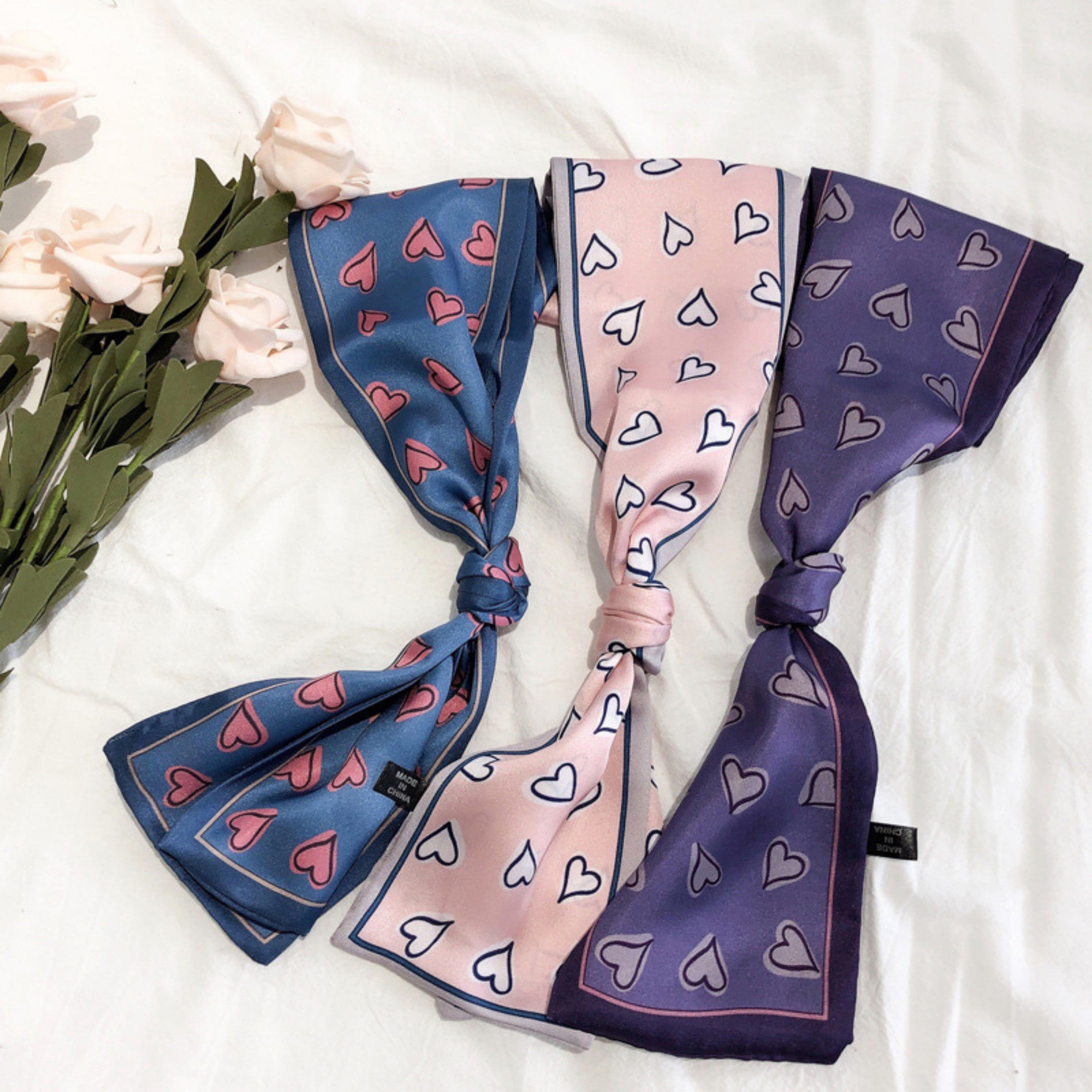 Anna-Kaci Women's 5 Pack Heart Print Satin Scarf Ribbon Slim Lightweight Fabric Neck Hair Bag Accessory 35.5x2.5in