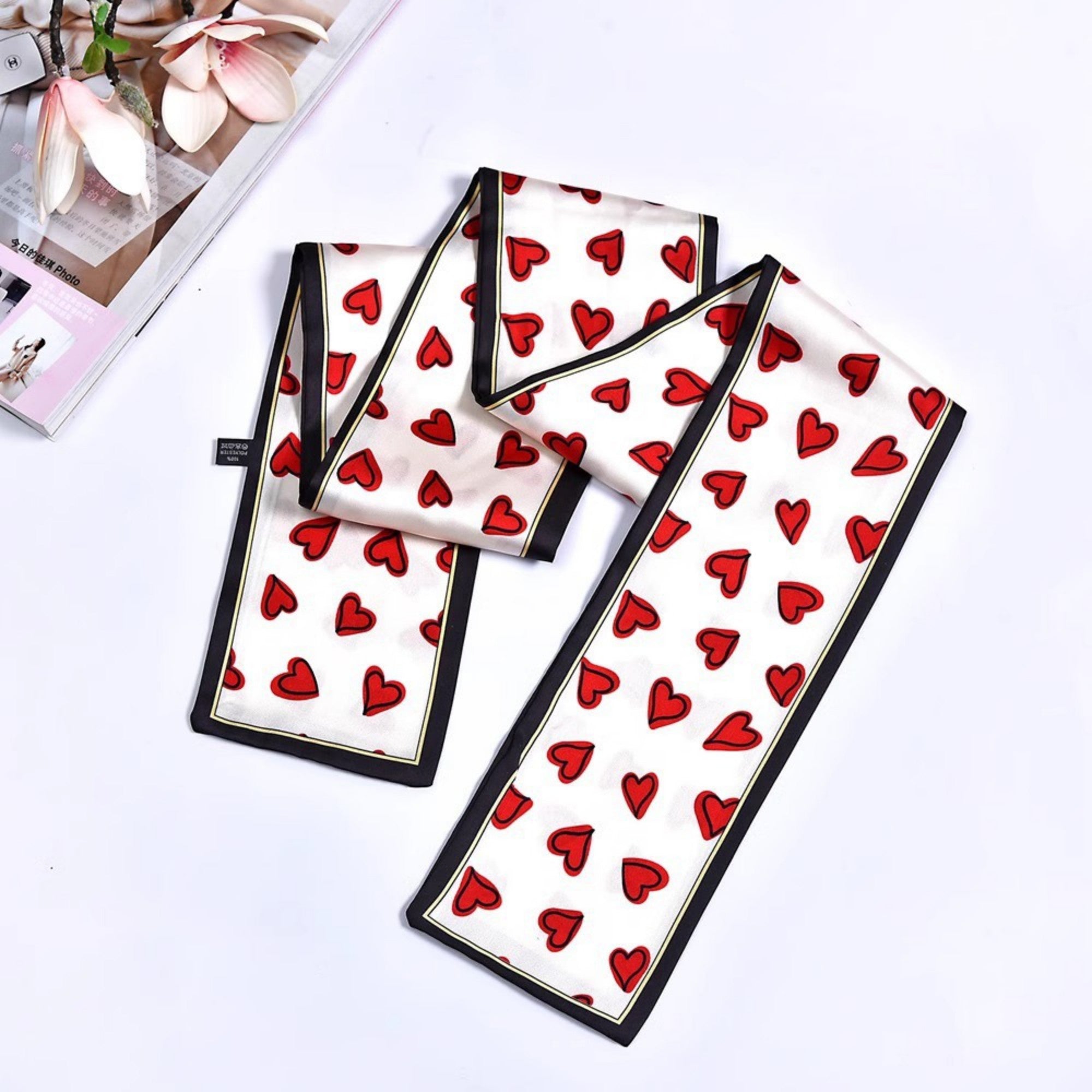 Anna-Kaci Women's 5 Pack Heart Print Satin Scarf Ribbon Slim Lightweight Fabric Neck Hair Bag Accessory 35.5x2.5in