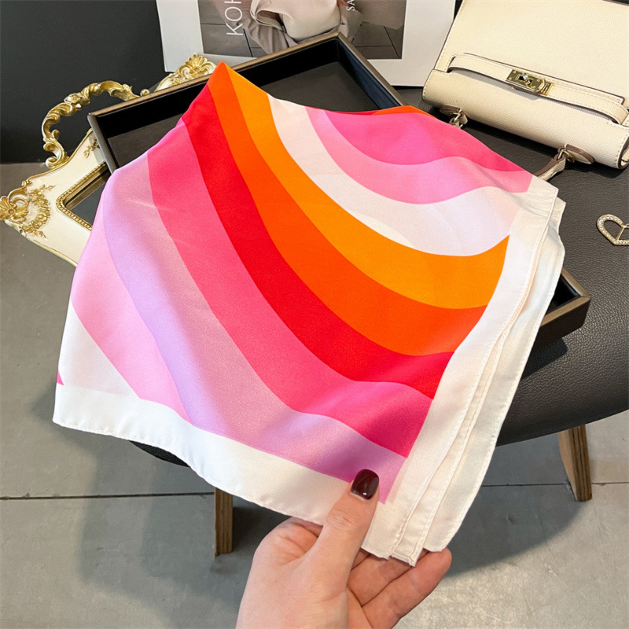 Anna-Kaci Women's Heart Print Square Satin Scarf Smooth Lightweight Fabric Stylish Neck Hair Accessory 27.5x27.5in