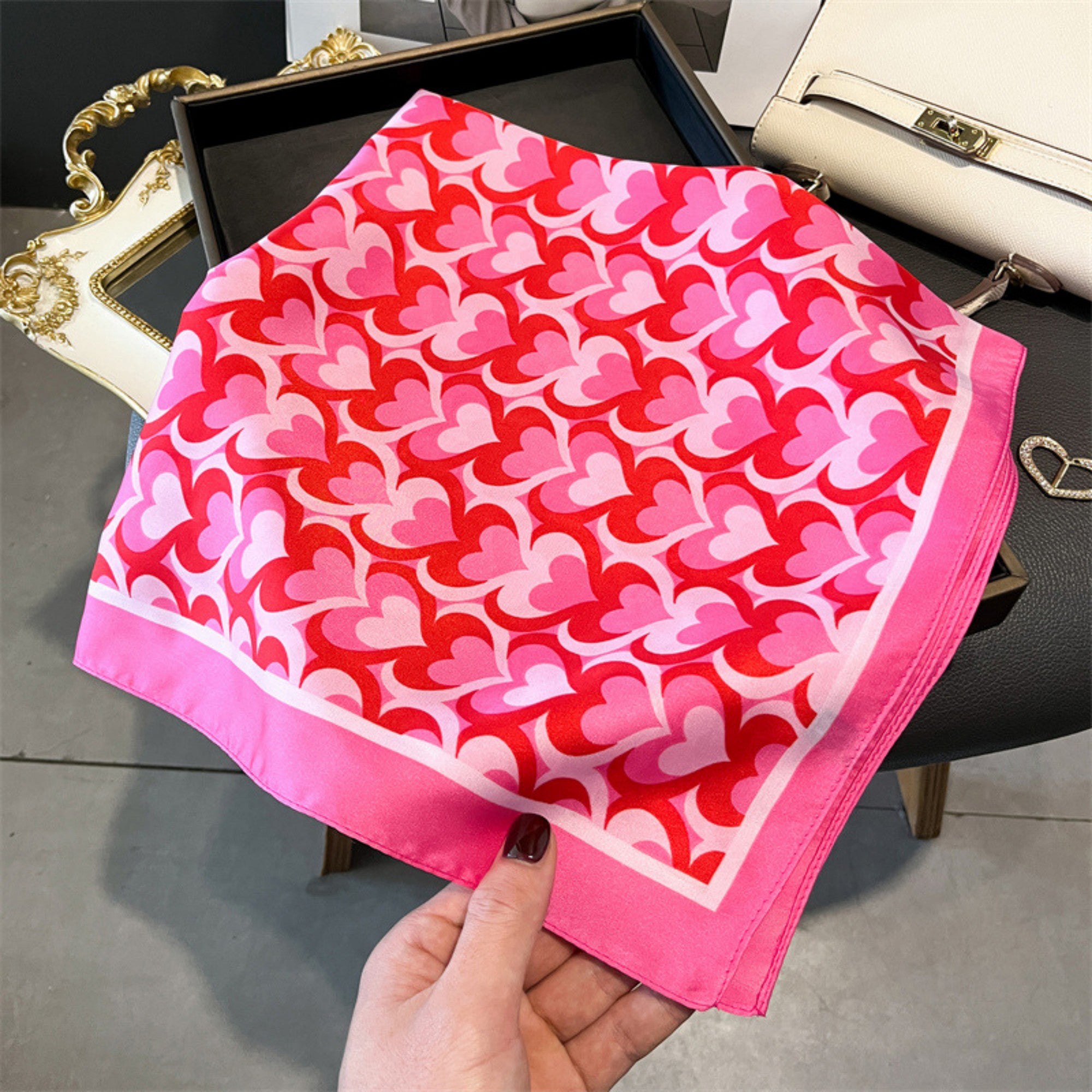 Anna-Kaci Women's Heart Print Square Satin Scarf Smooth Lightweight Fabric Stylish Neck Hair Accessory 27.5x27.5in