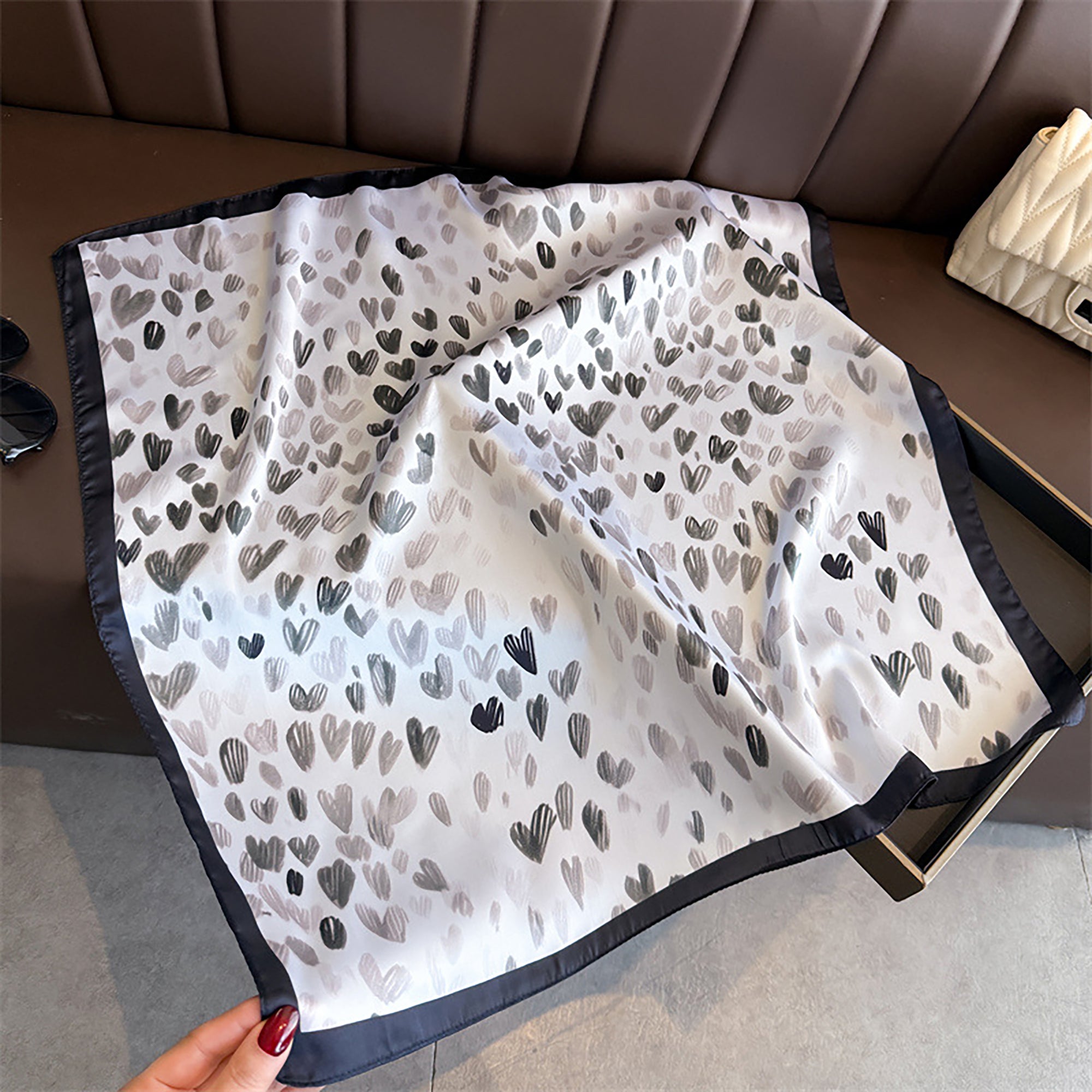 Anna-Kaci Women's Satin Heart Print Square Scarf Lightweight Soft Fashion Accessory 27.5¡Á27.5inches