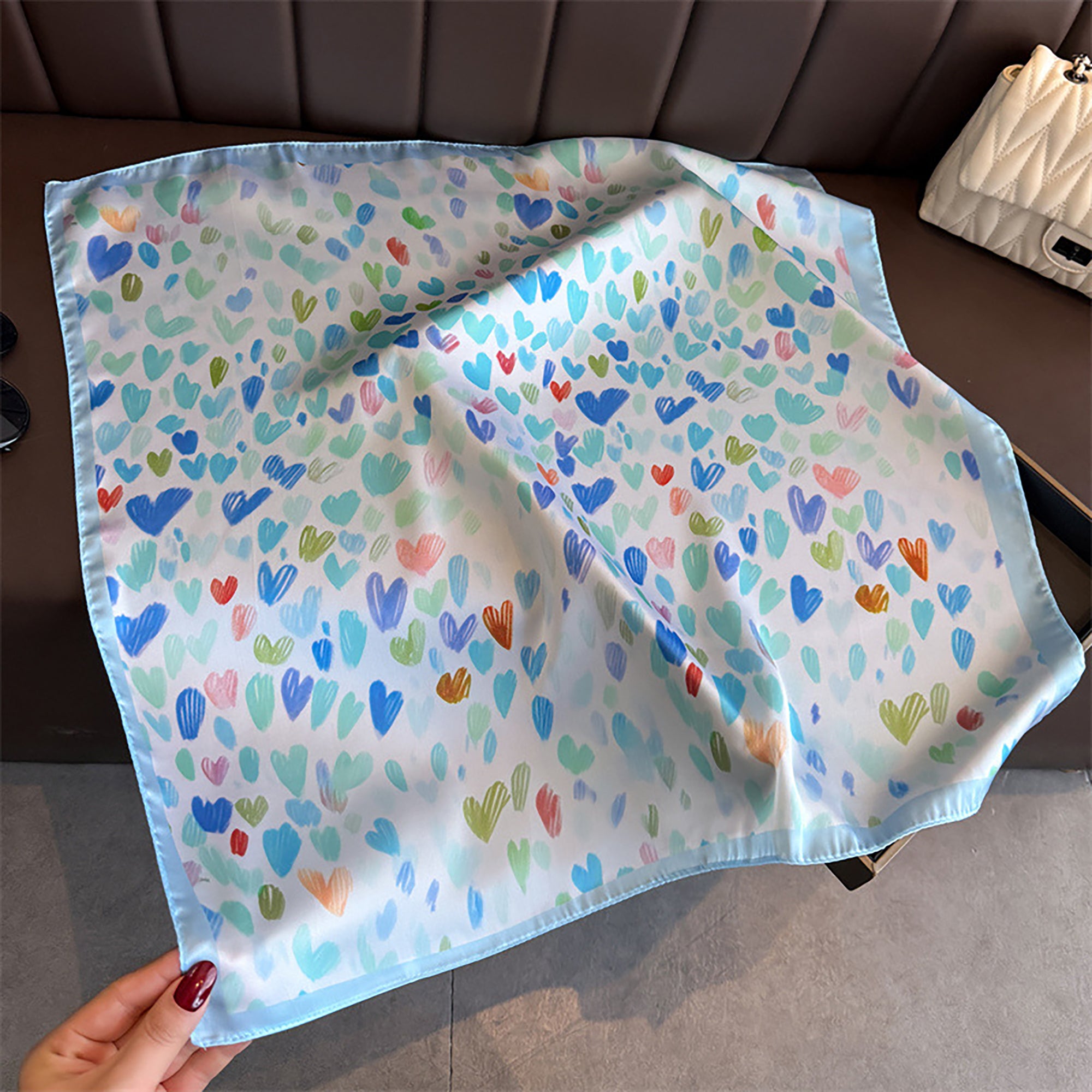 Anna-Kaci Women's Satin Heart Print Square Scarf Lightweight Soft Fashion Accessory 27.5¡Á27.5inches