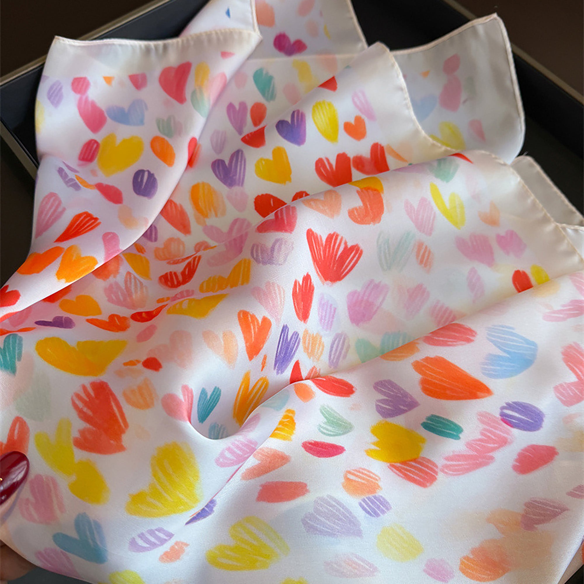 Anna-Kaci Women's Satin Heart Print Square Scarf Lightweight Soft Fashion Accessory 27.5¡Á27.5inches