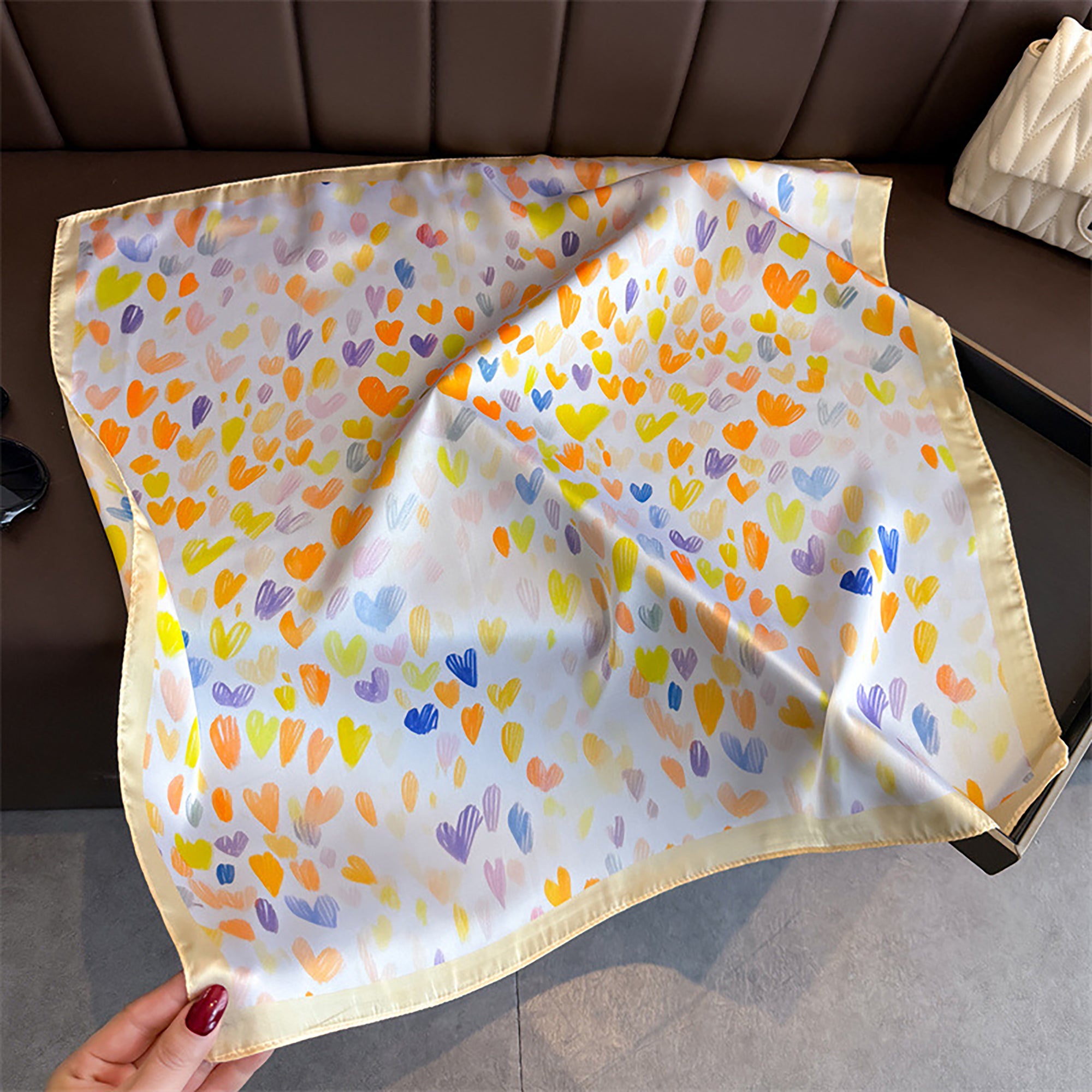 Anna-Kaci Women's Satin Heart Print Square Scarf Lightweight Soft Fashion Accessory 27.5¡Á27.5inches