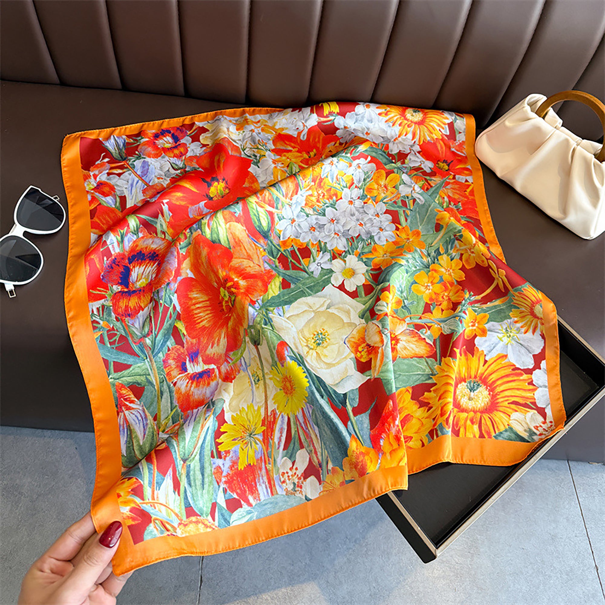Anna-Kaci Women's Satin Floral Print Square Scarf Fashion Accessory 27.5¡Á27.5inches