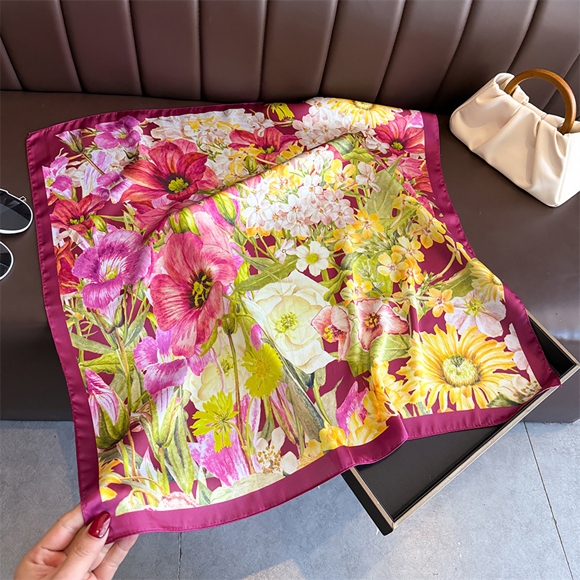 Anna-Kaci Women's Satin Floral Print Square Scarf Fashion Accessory 27.5¡Á27.5inches