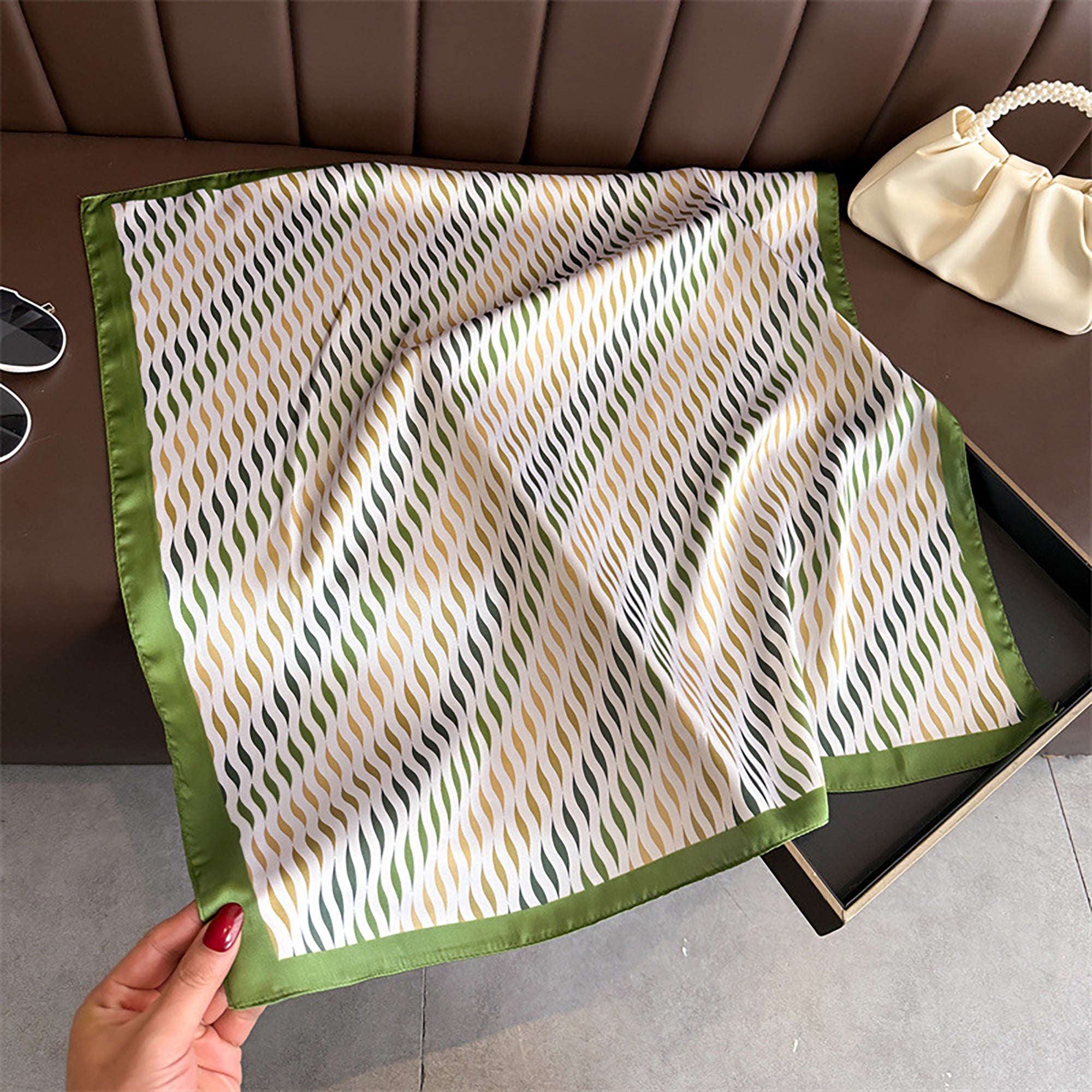Anna-Kaci Women Satin Square Scarf with Modern Wavy Print Soft Accessory 27.5¡Á27.5inches
