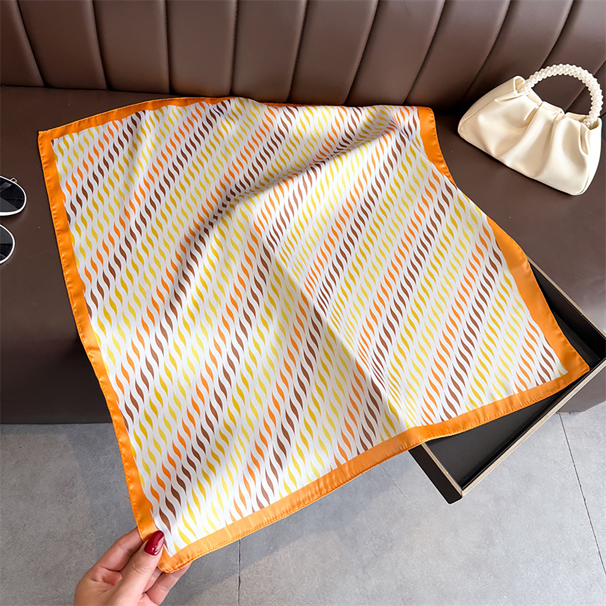 Anna-Kaci Women Satin Square Scarf with Modern Wavy Print Soft Accessory 27.5¡Á27.5inches