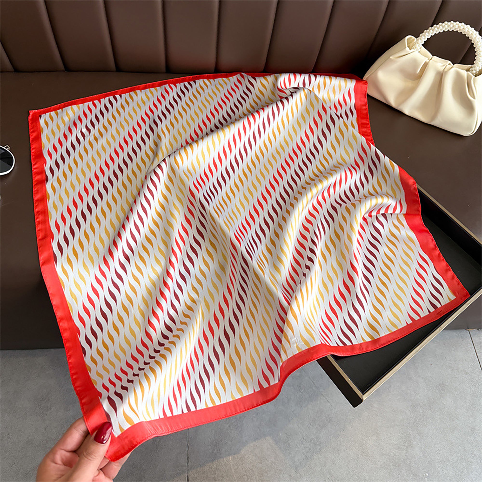 Anna-Kaci Women Satin Square Scarf with Modern Wavy Print Soft Accessory 27.5¡Á27.5inches