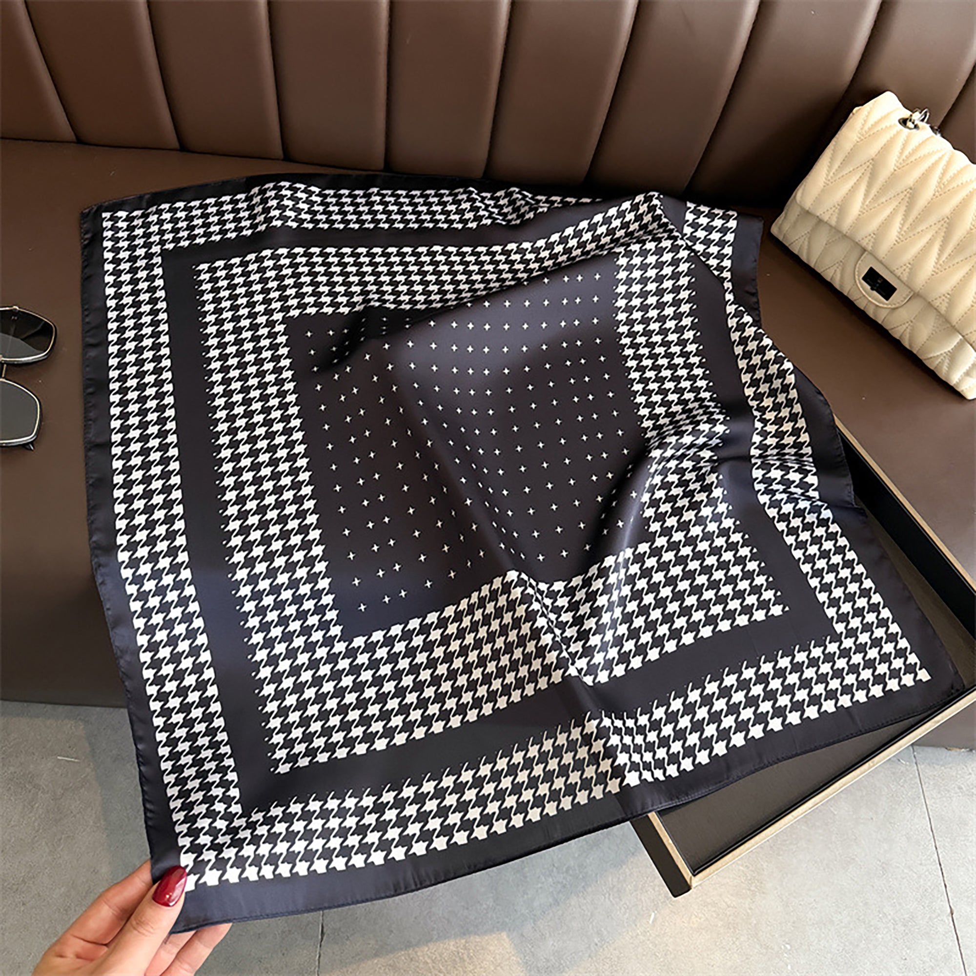 Anna-Kaci Women Satin Square Scarf with Houndstooth Print Fashion Accessory 27.5¡Á27.5inches