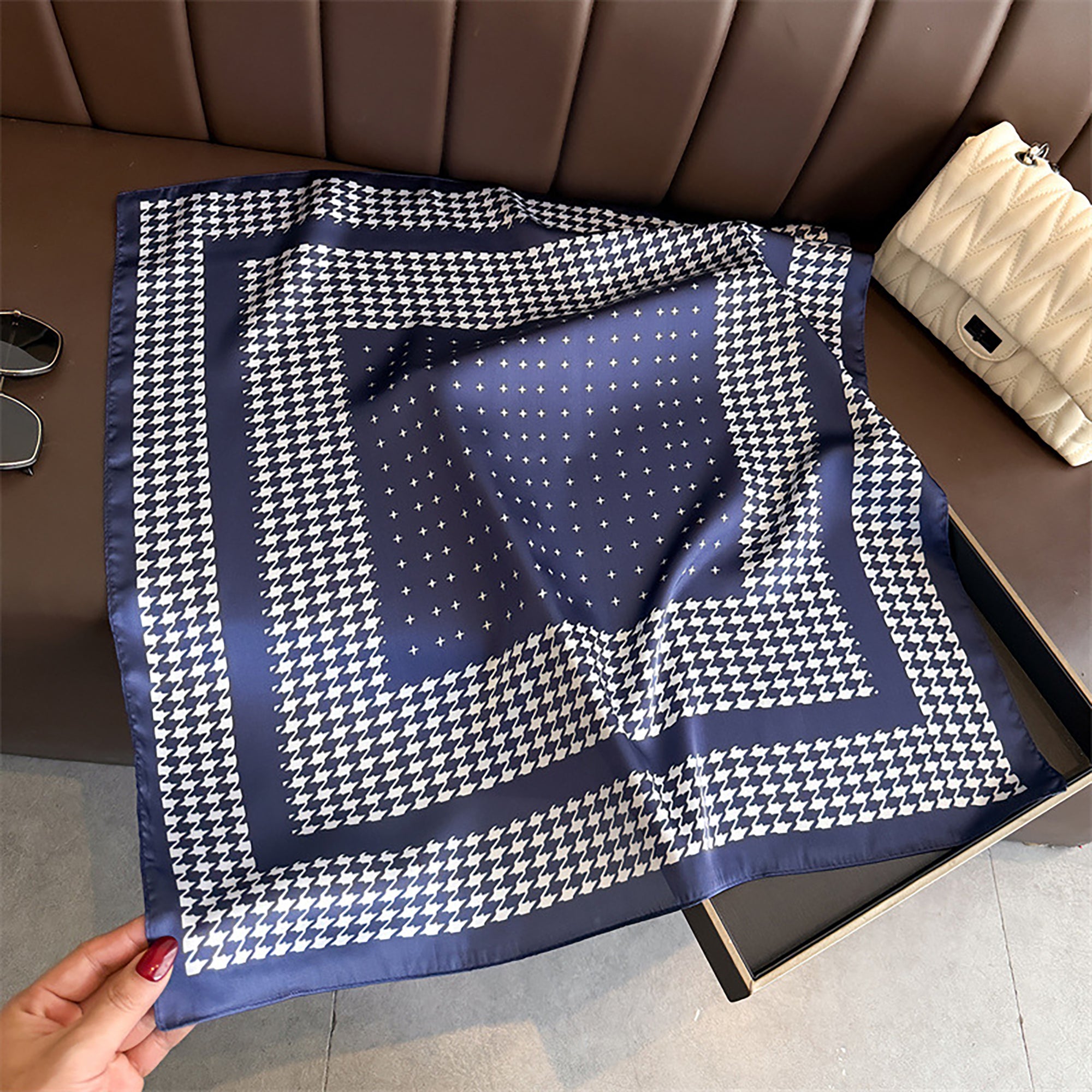 Anna-Kaci Women Satin Square Scarf with Houndstooth Print Fashion Accessory 27.5¡Á27.5inches