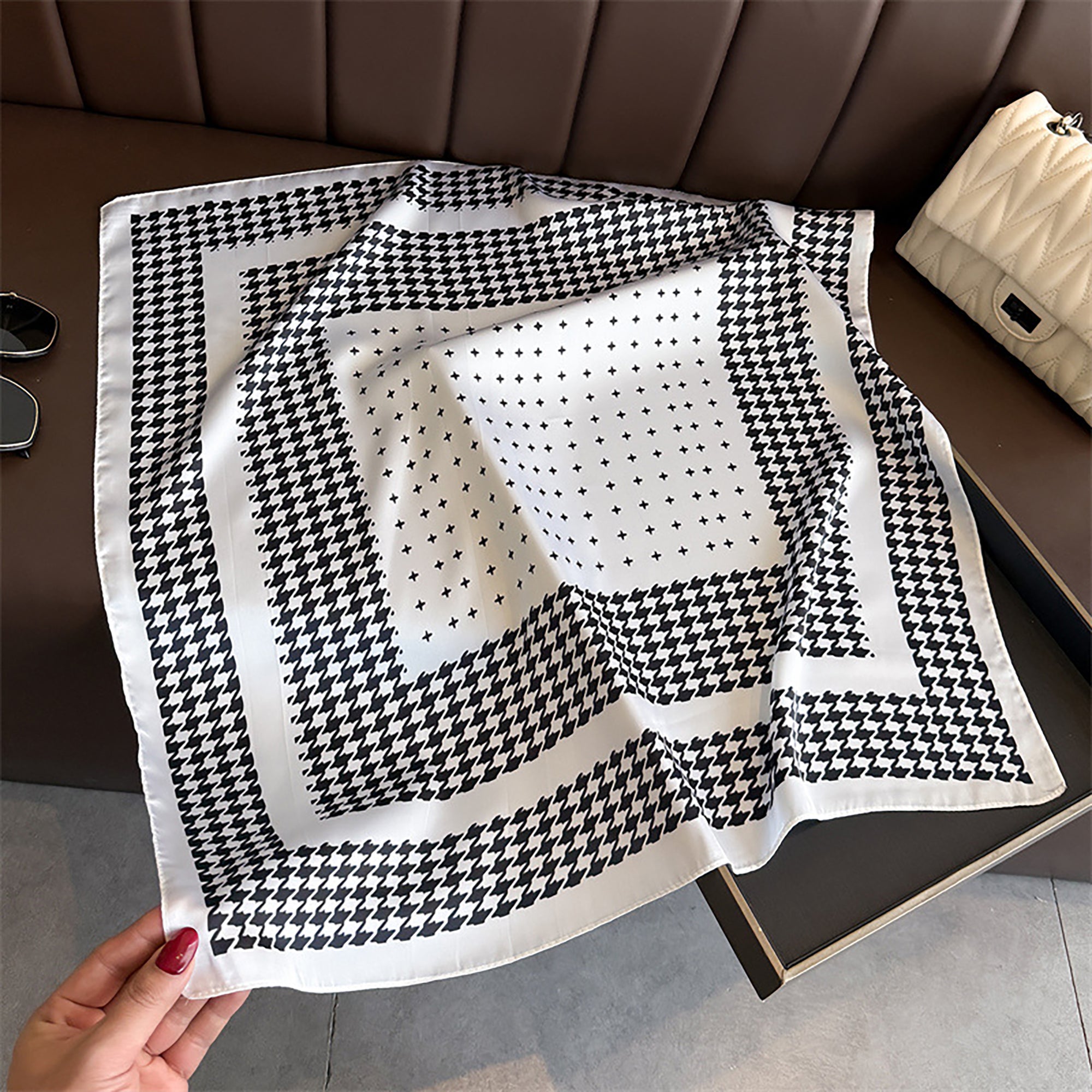 Anna-Kaci Women Satin Square Scarf with Houndstooth Print Fashion Accessory 27.5¡Á27.5inches